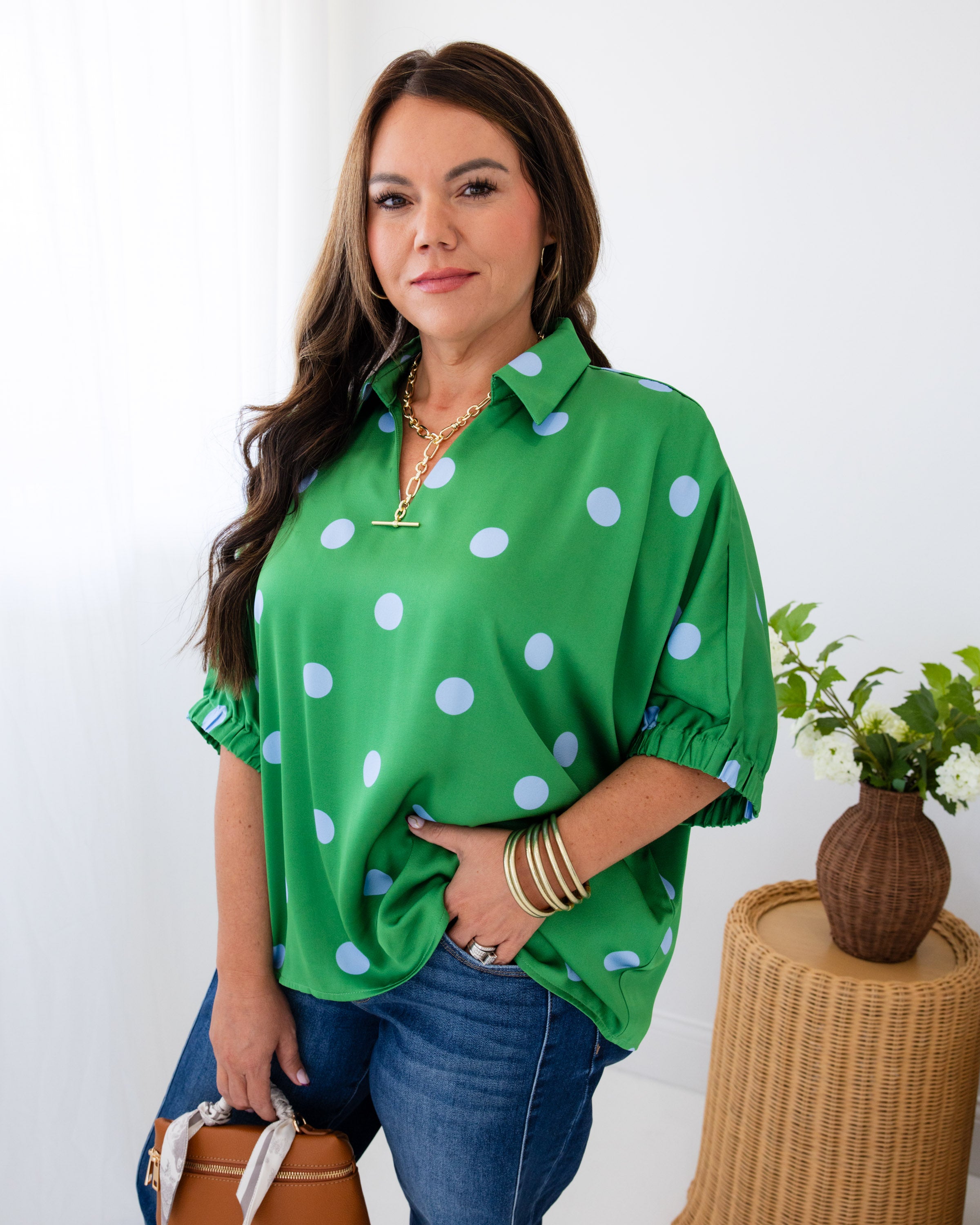 Polka Dot Satin Drop Shoulder Top