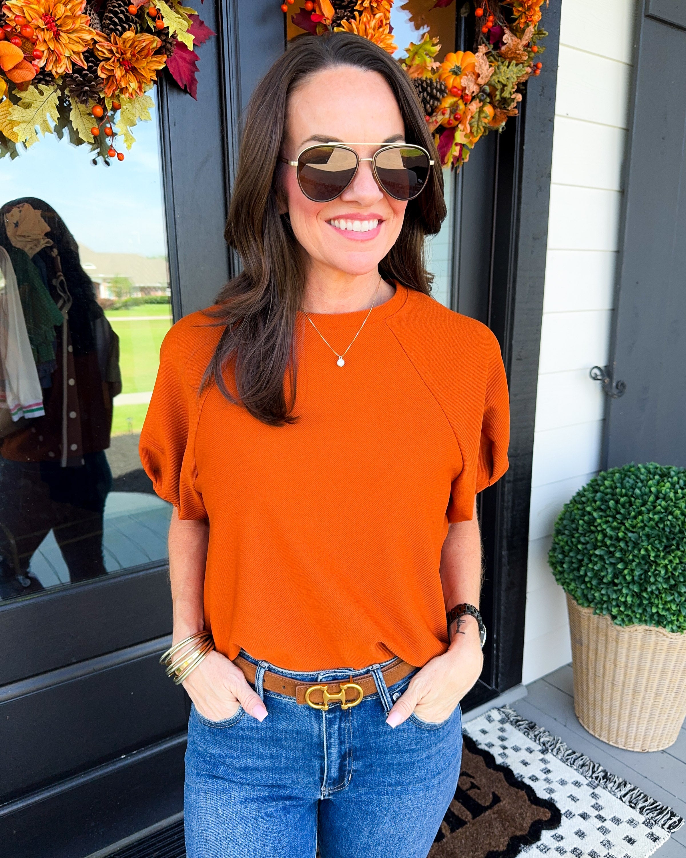 Pleated Puff Sleeve Top in Rust