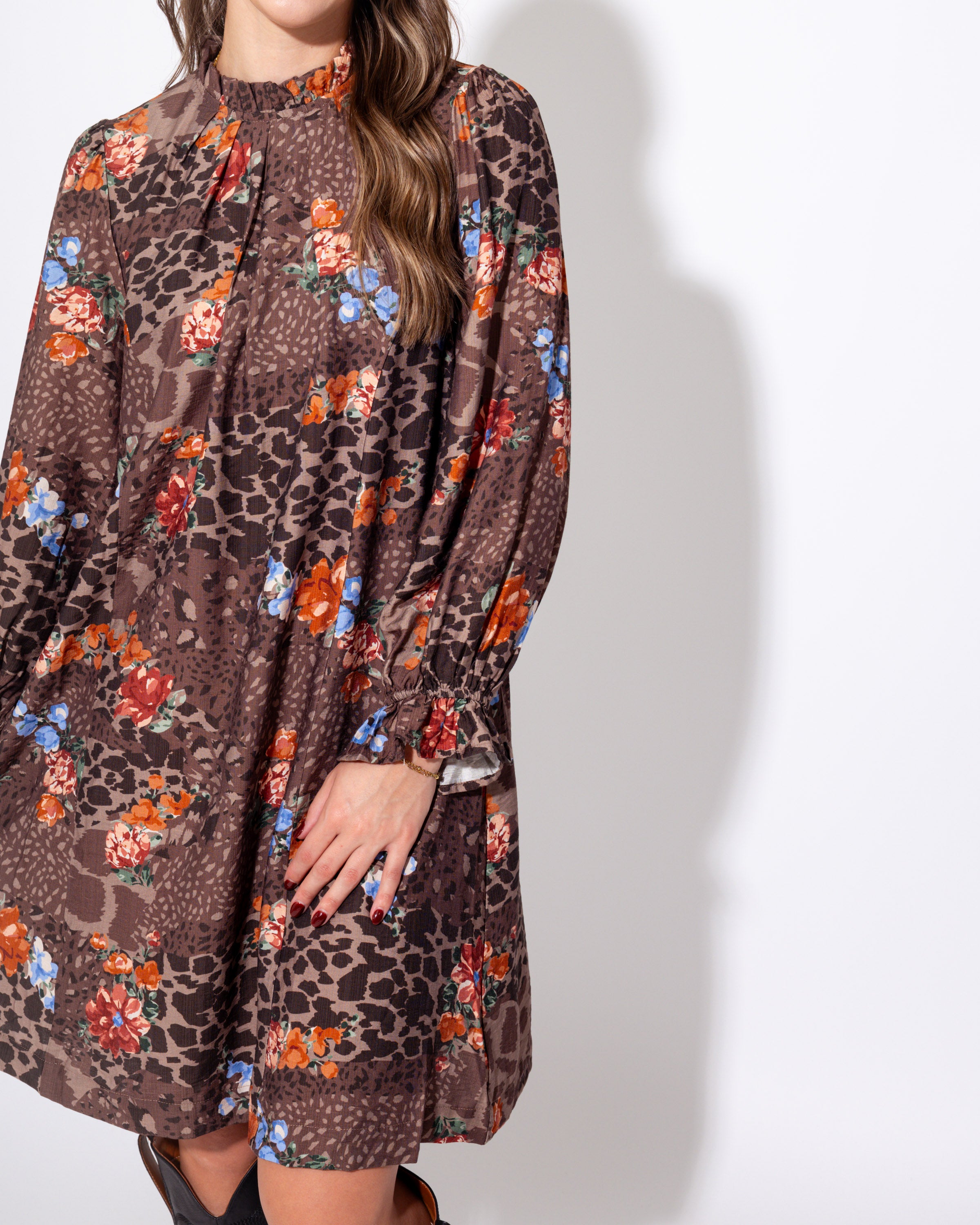 Smocked High Neck Floral Mini Dress