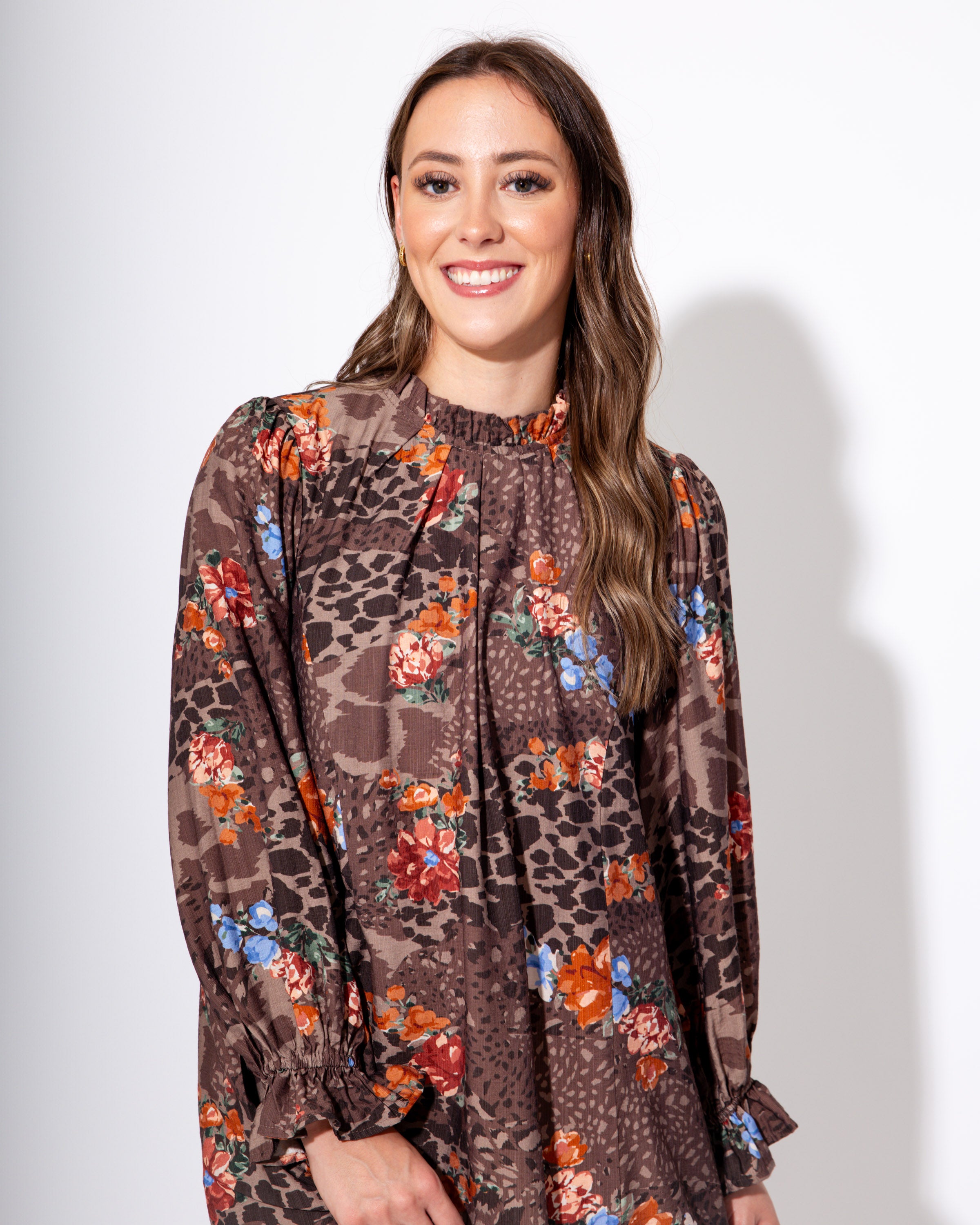 Smocked High Neck Floral Mini Dress