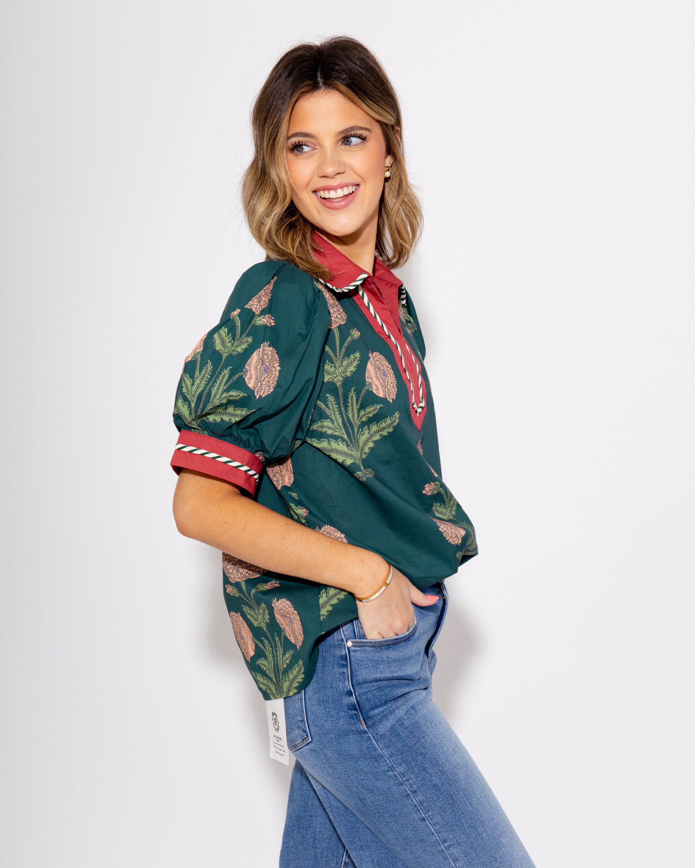 Contrast Bloom Top in Hunter Green