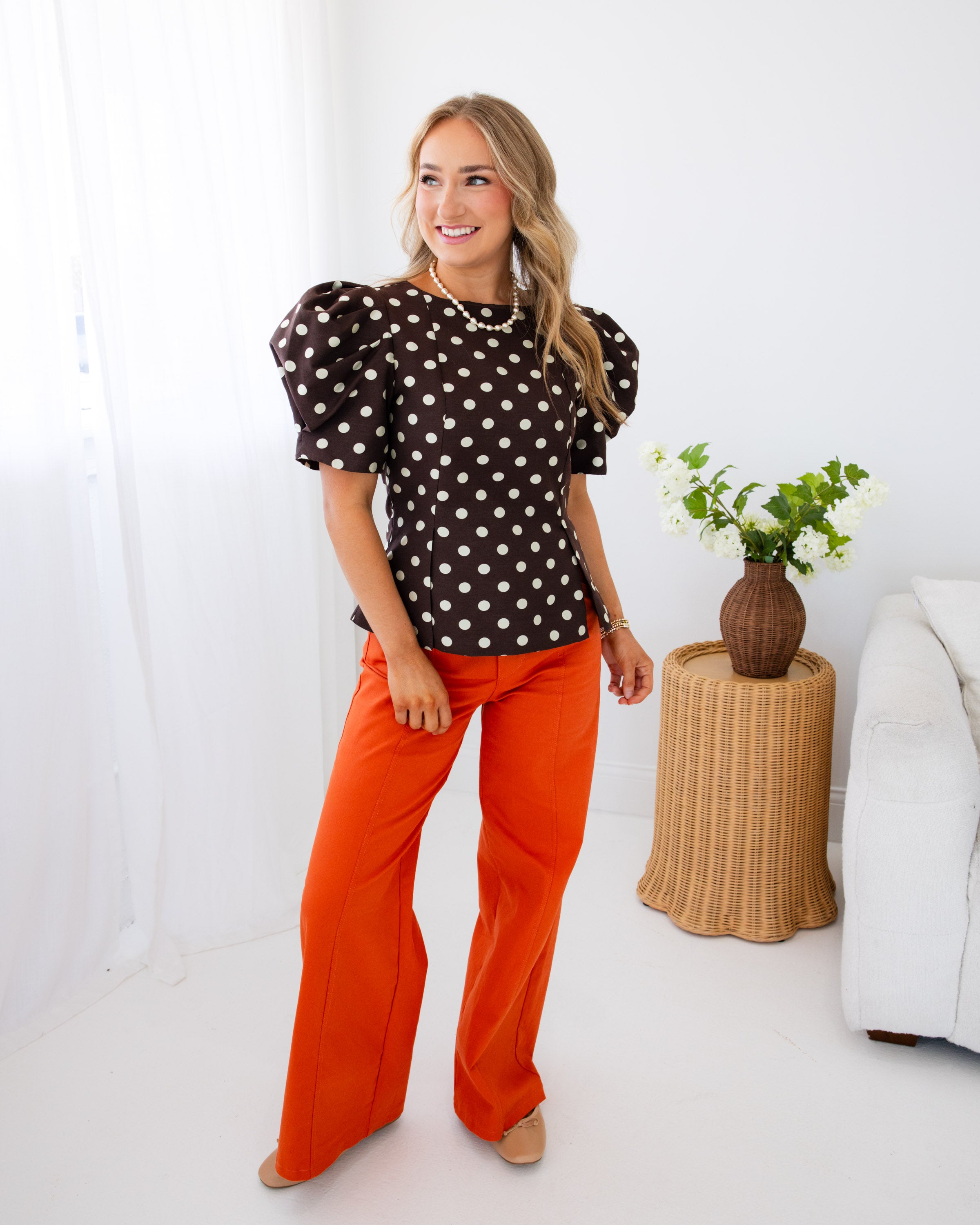 Polka Dot Puff Sleeve Slit Hem Top