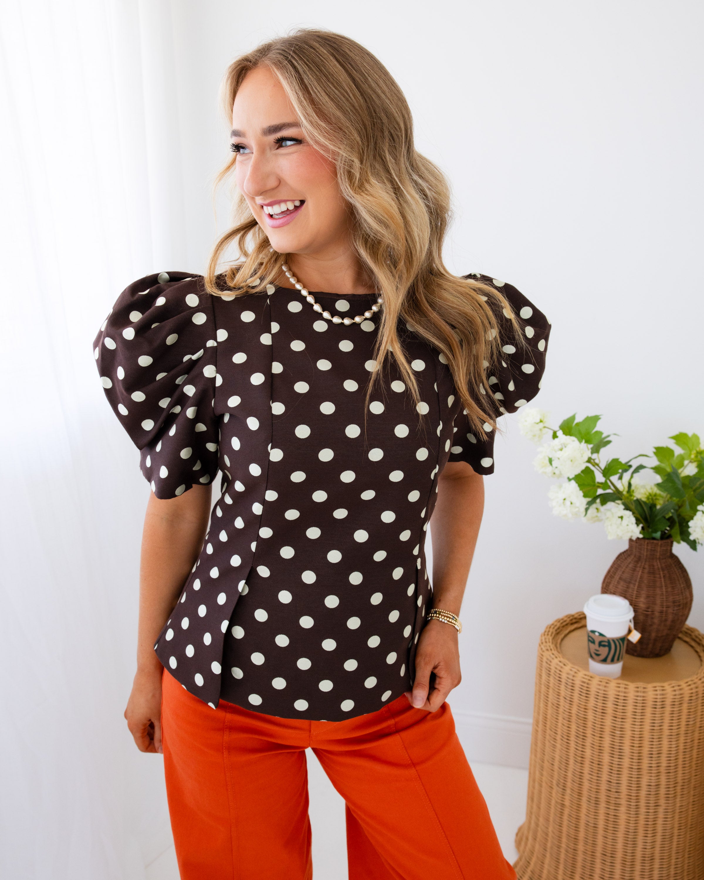 Polka Dot Puff Sleeve Slit Hem Top