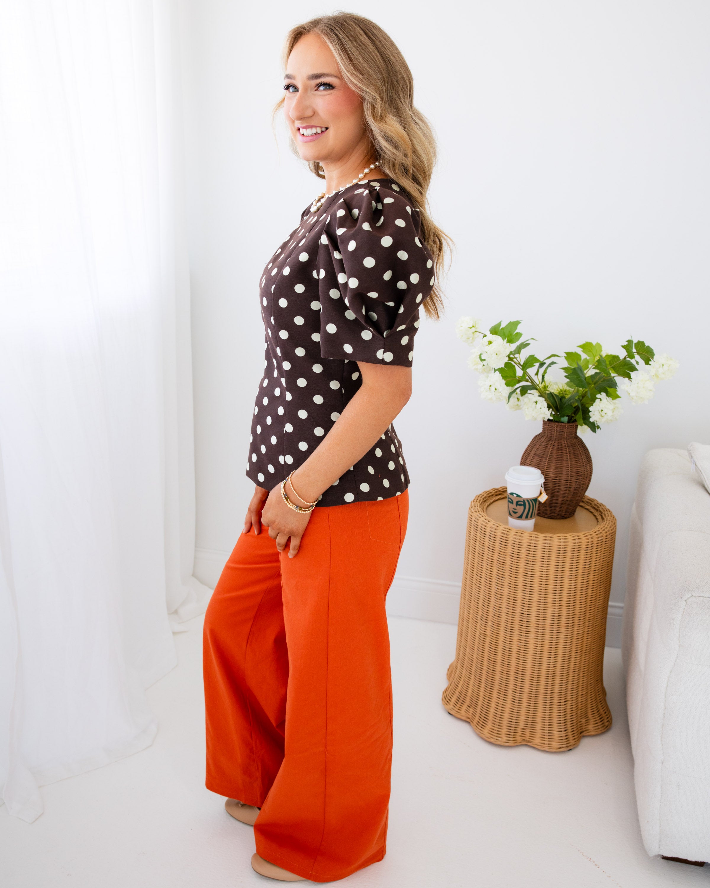 Polka Dot Puff Sleeve Slit Hem Top