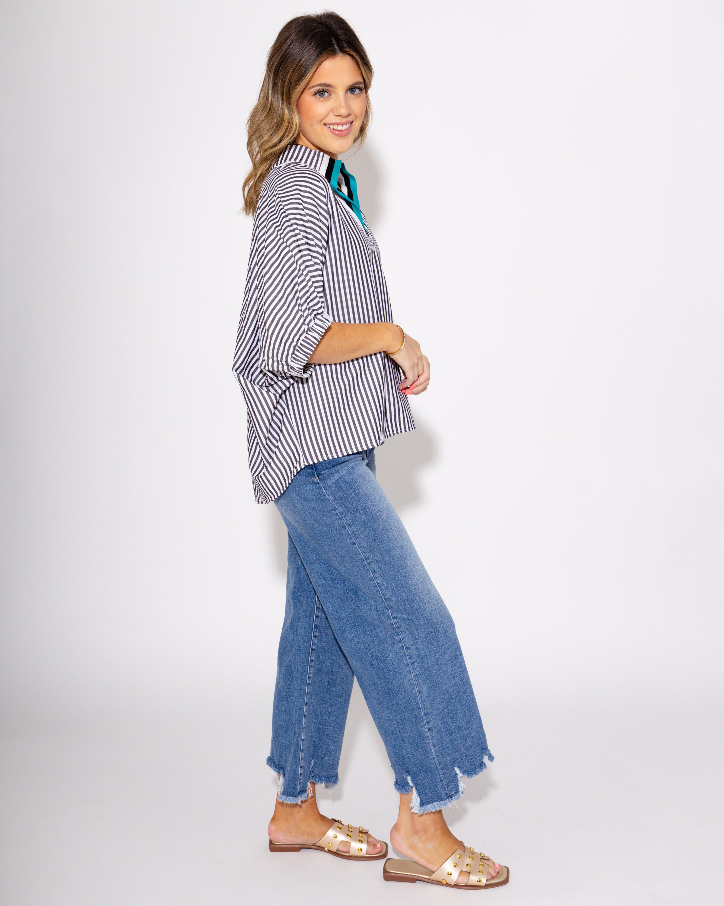 Striped Split High Neck Dolman Top in Black