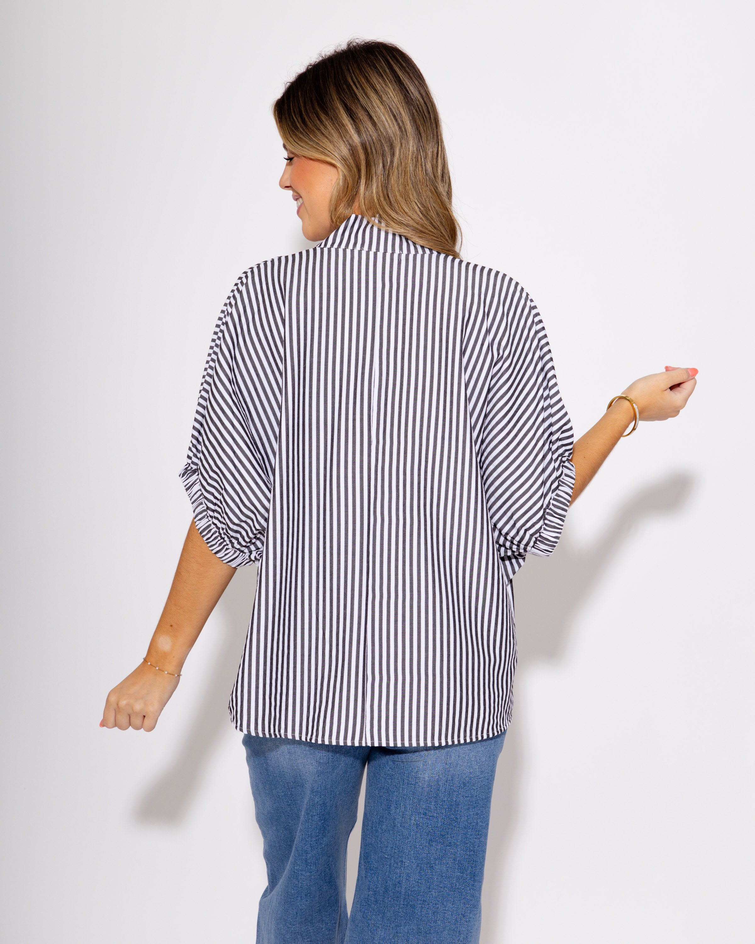 Striped Split High Neck Dolman Top in Black