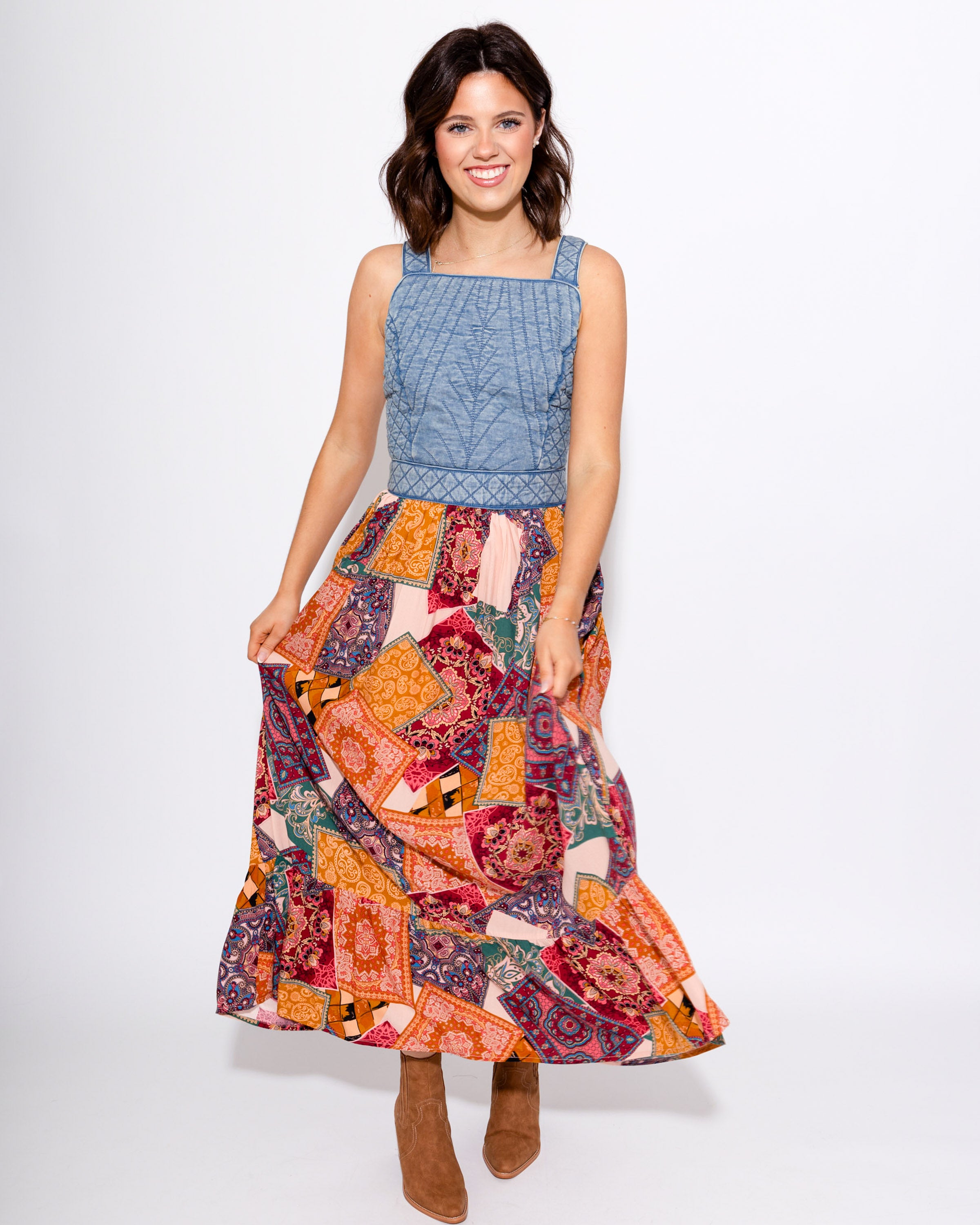 Washed Denim Quilted Bust Mix Media Dress