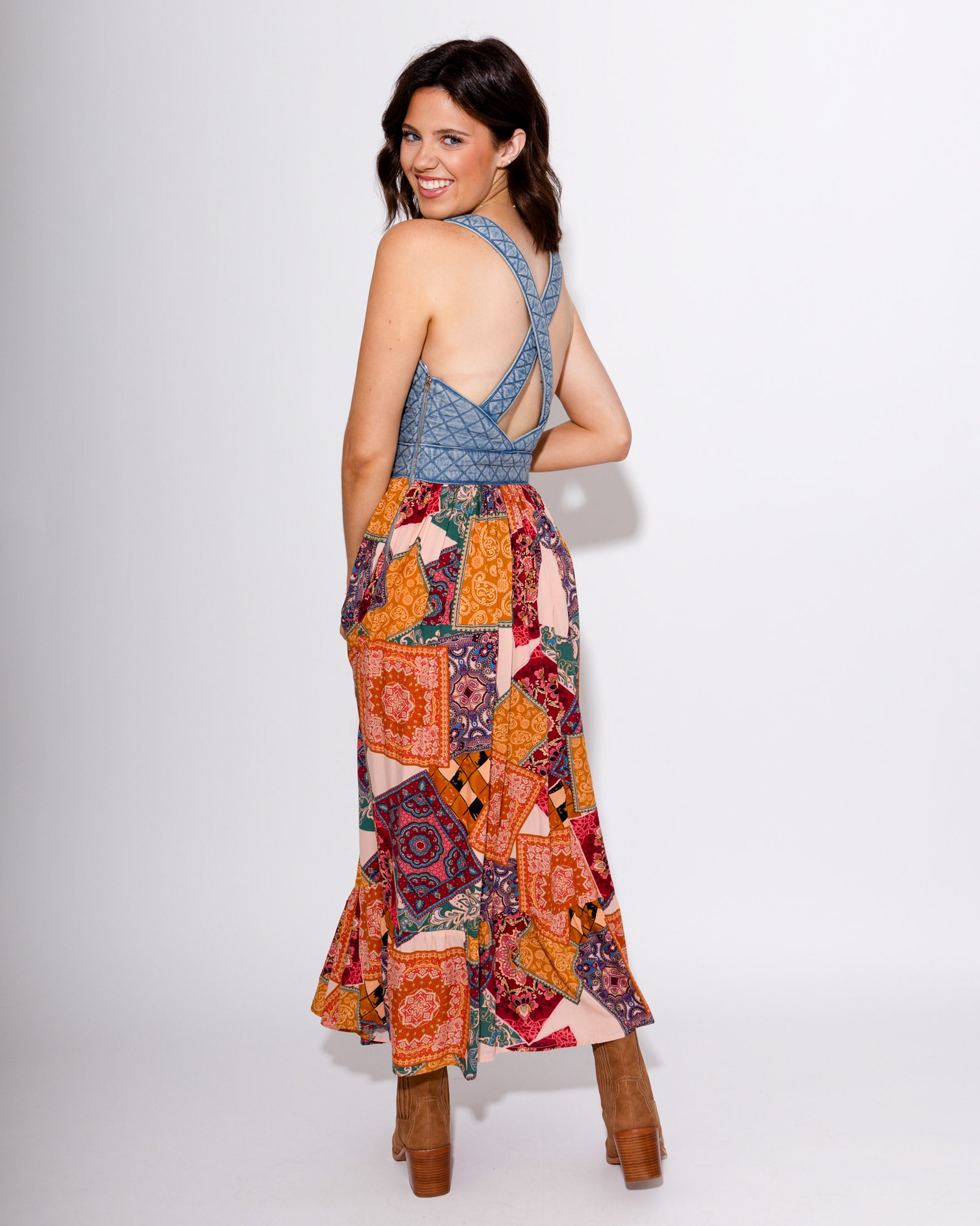 Washed Denim Quilted Bust Mix Media Dress