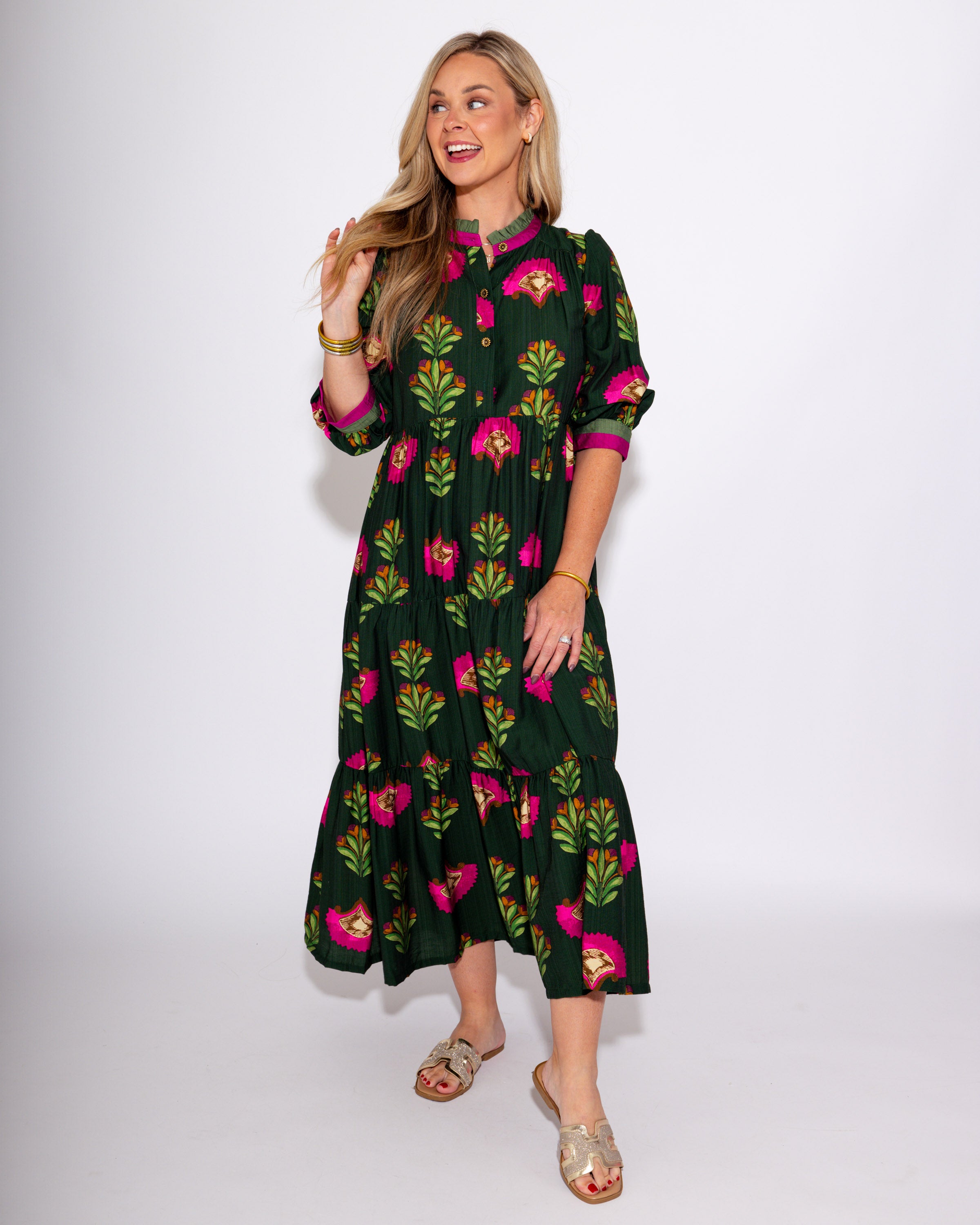 Pink Floral Tiered Midi Dress