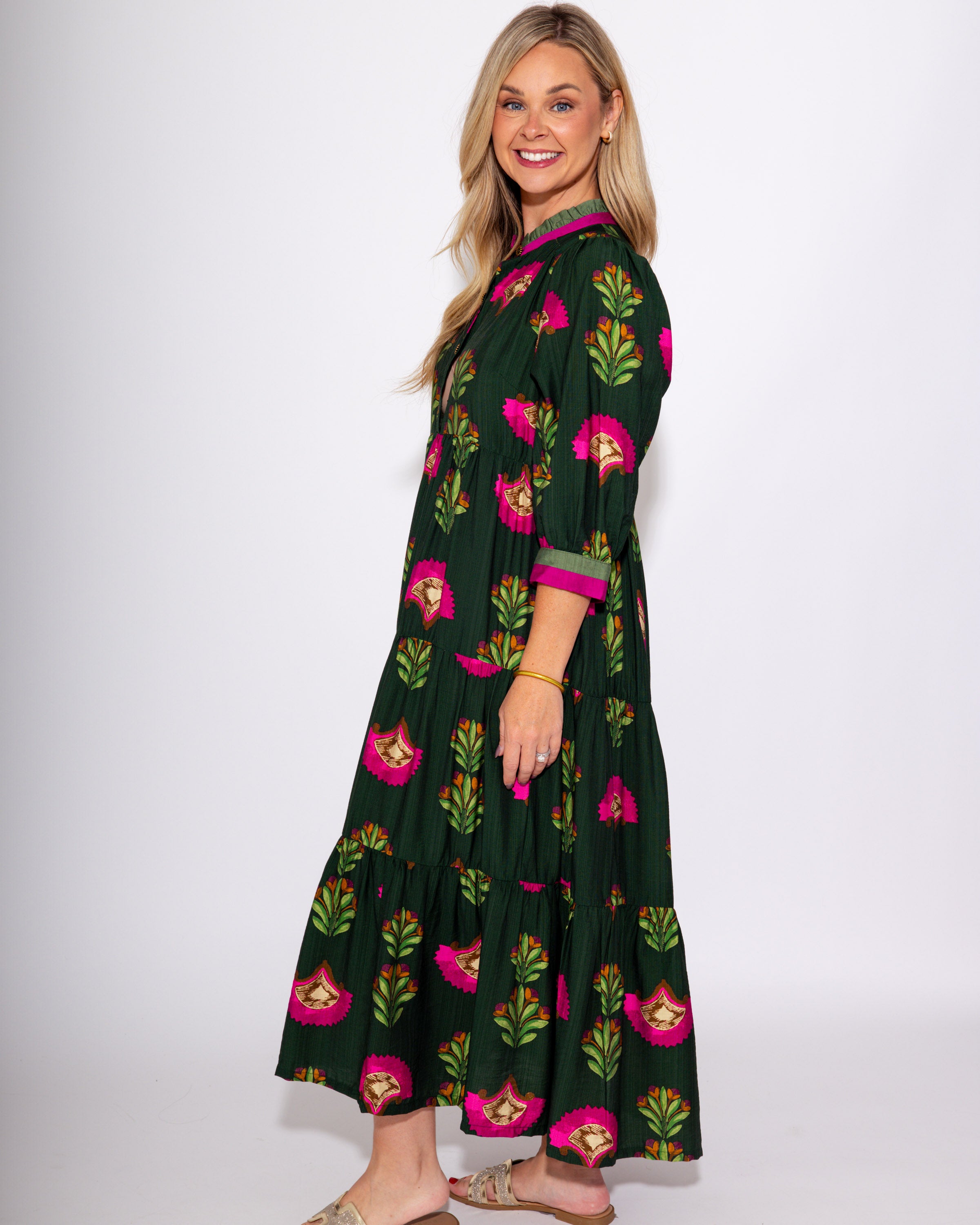 Pink Floral Tiered Midi Dress