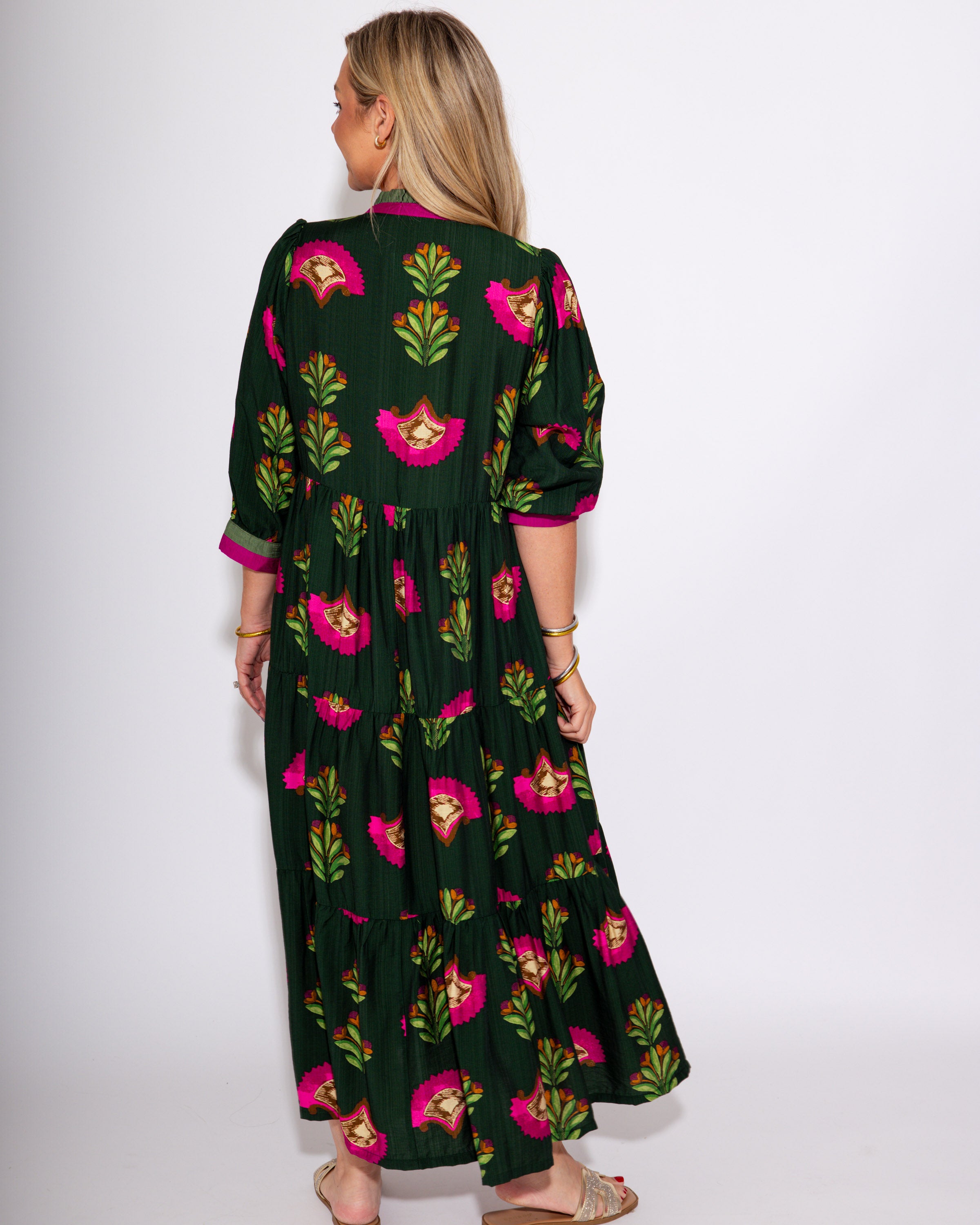 Pink Floral Tiered Midi Dress