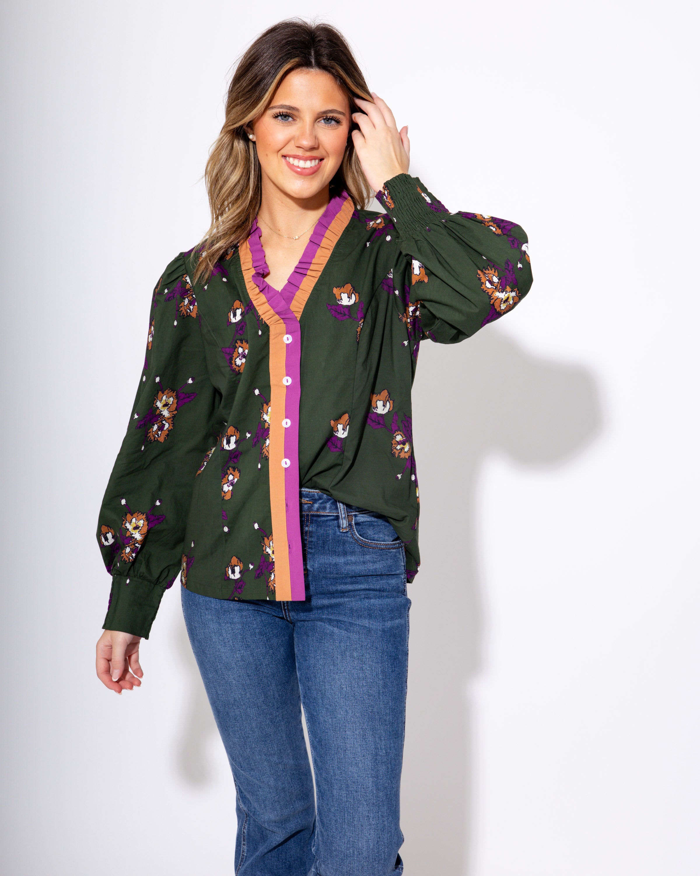 Floral Bunch Print Button-Up Top