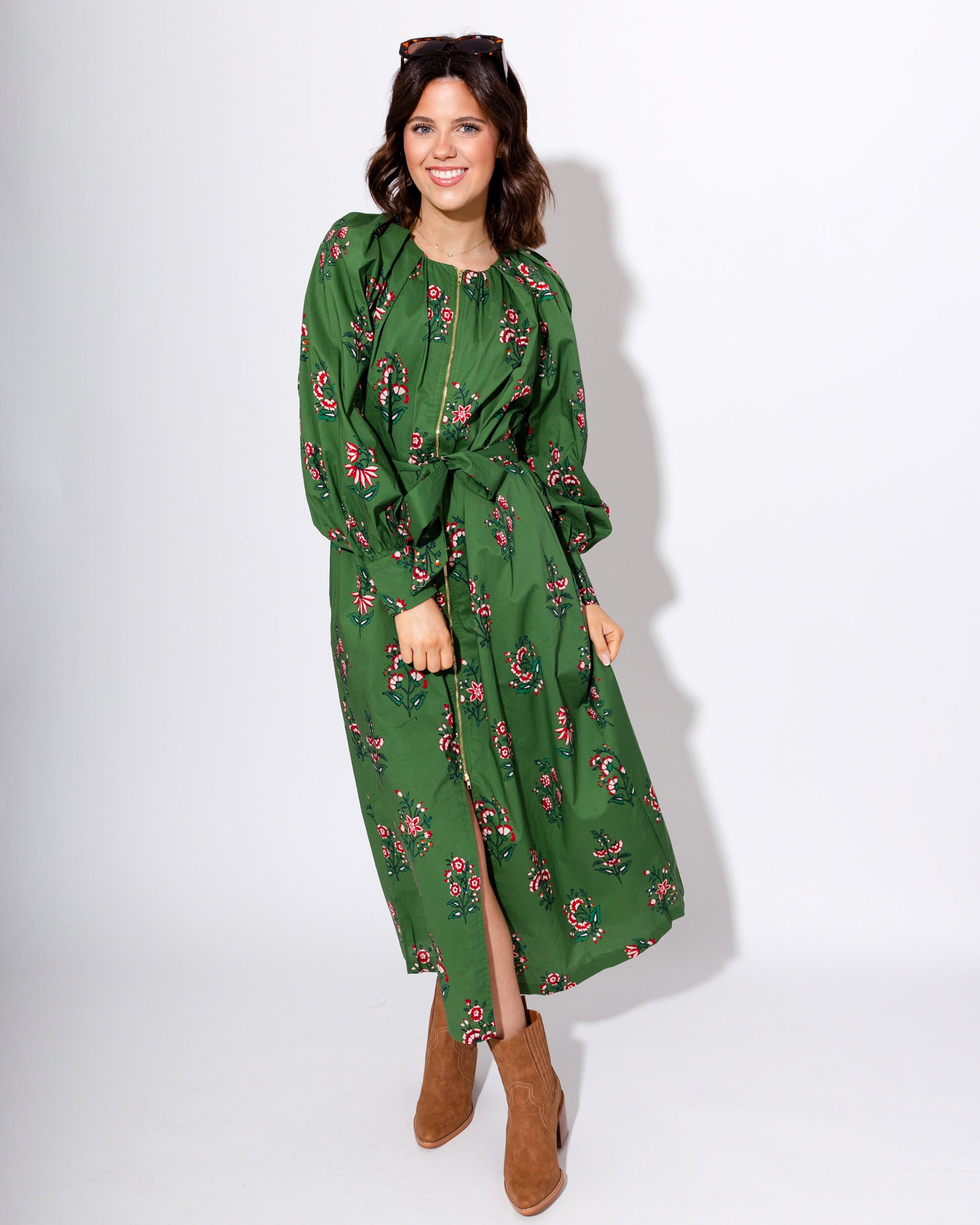 Olive Bloom Zip-Front Midi