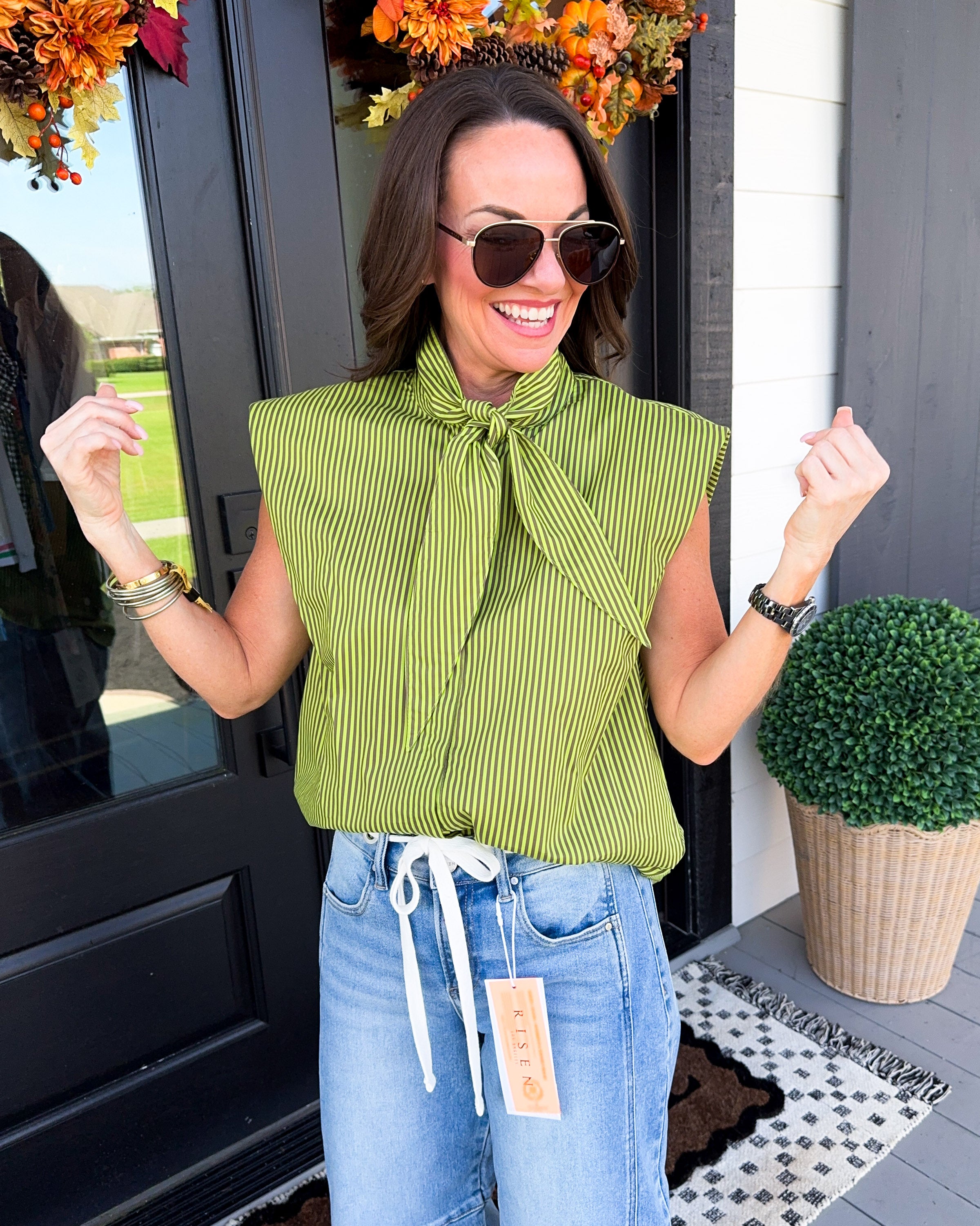 Bright Stripe Neck Tie Top in Lime
