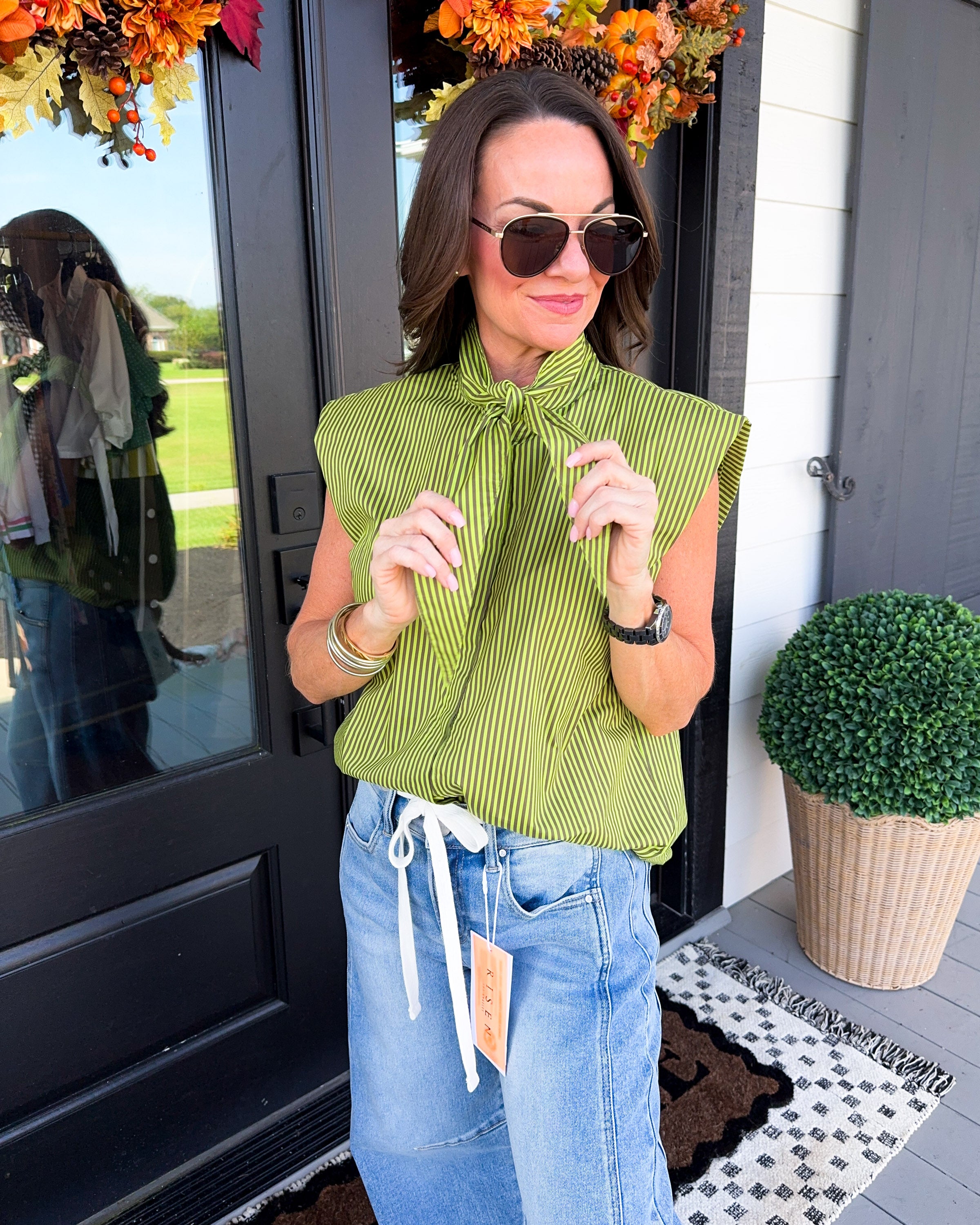 Bright Stripe Neck Tie Top in Lime