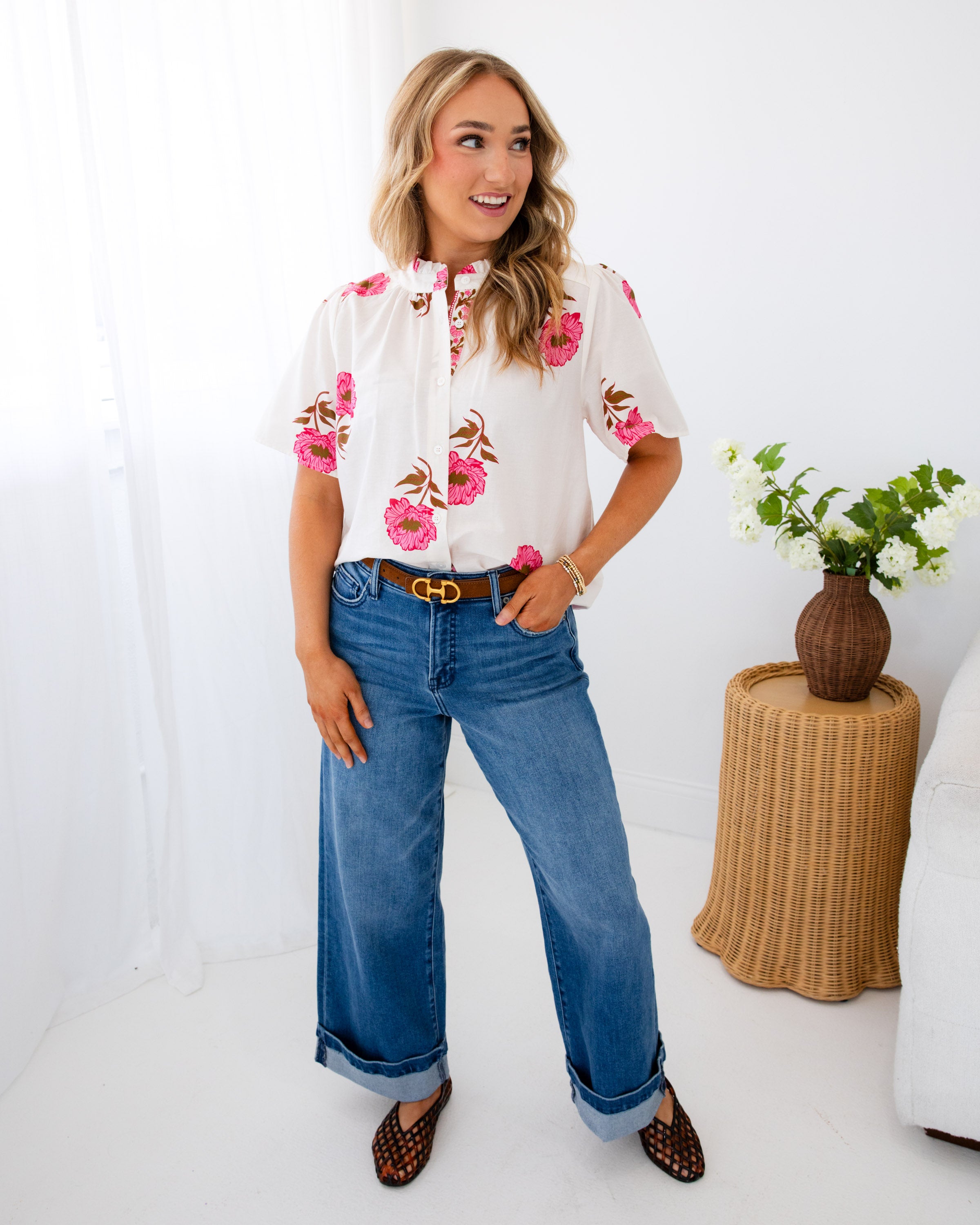 Pink Floral Button Up Top