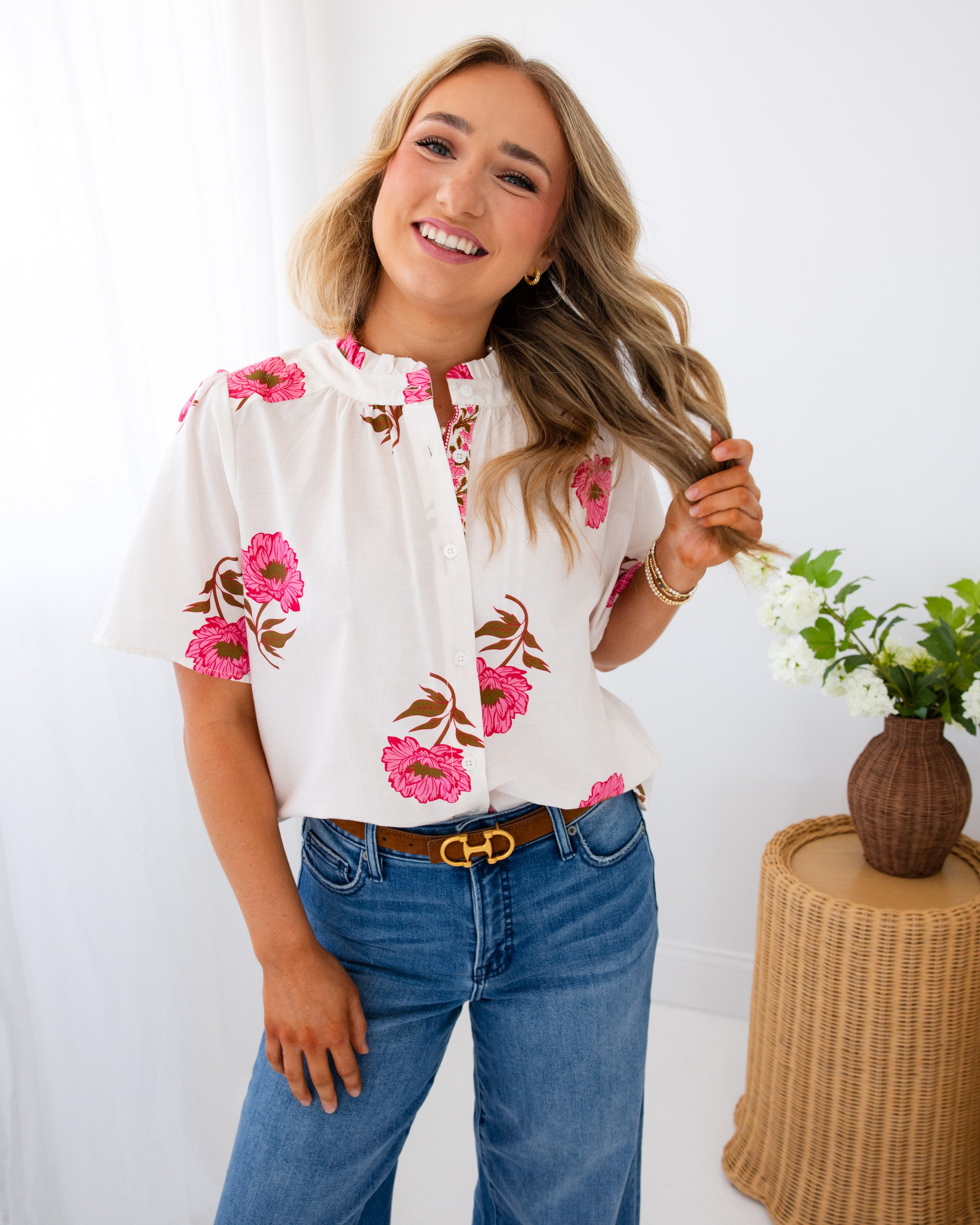 Pink Floral Button Up Top