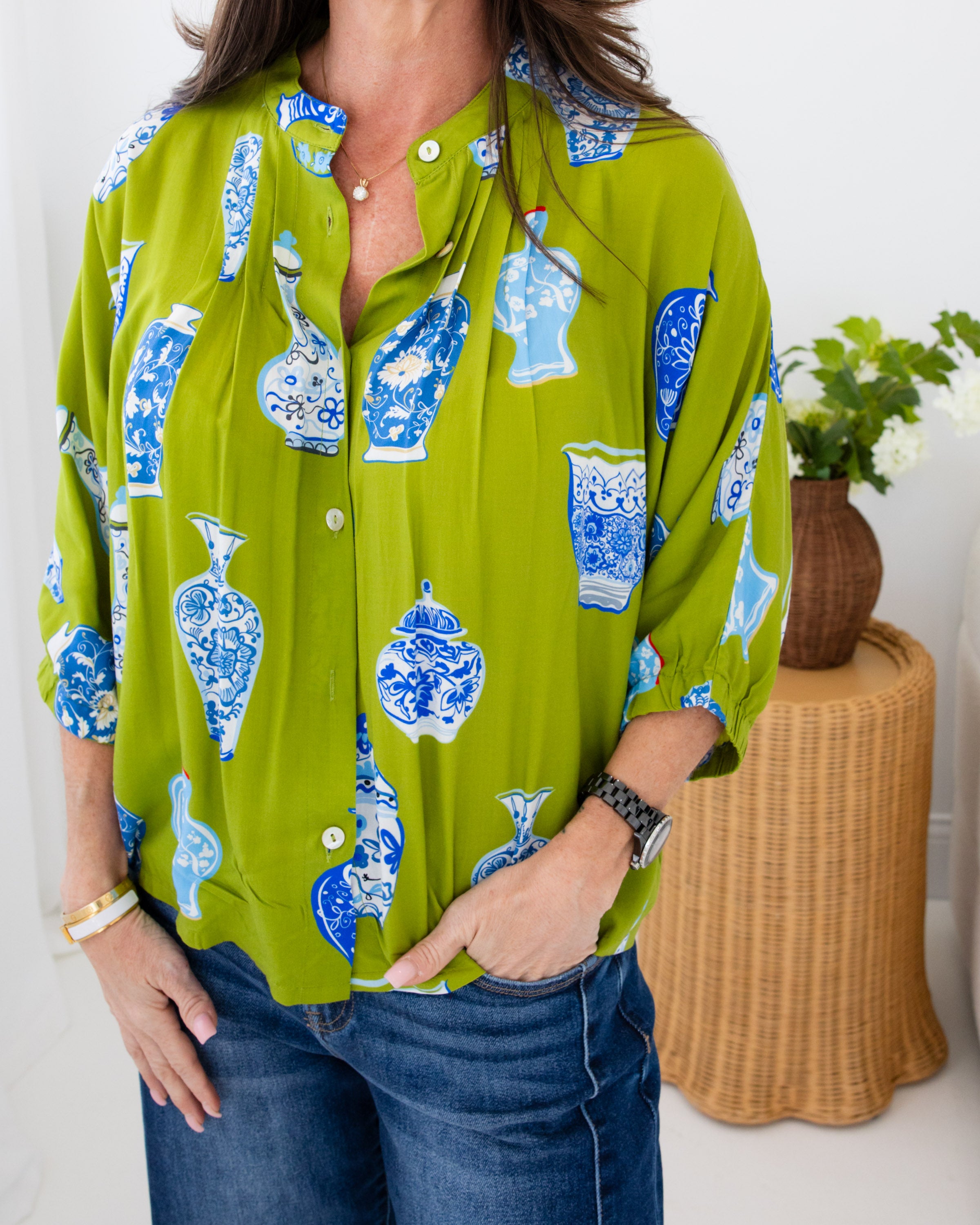 Vase Print Button Up Top