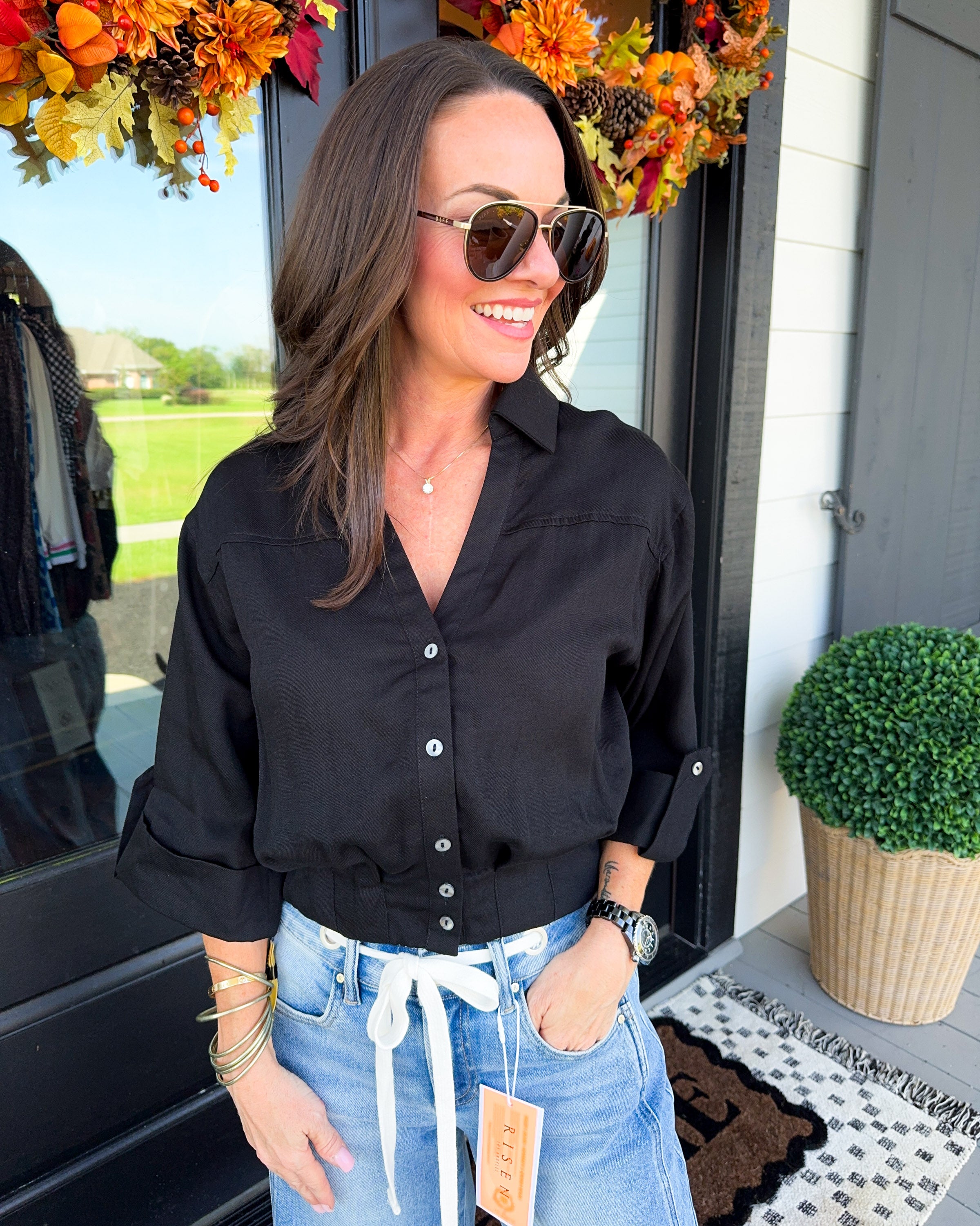 Smocked Hem V-Neck Top in Black