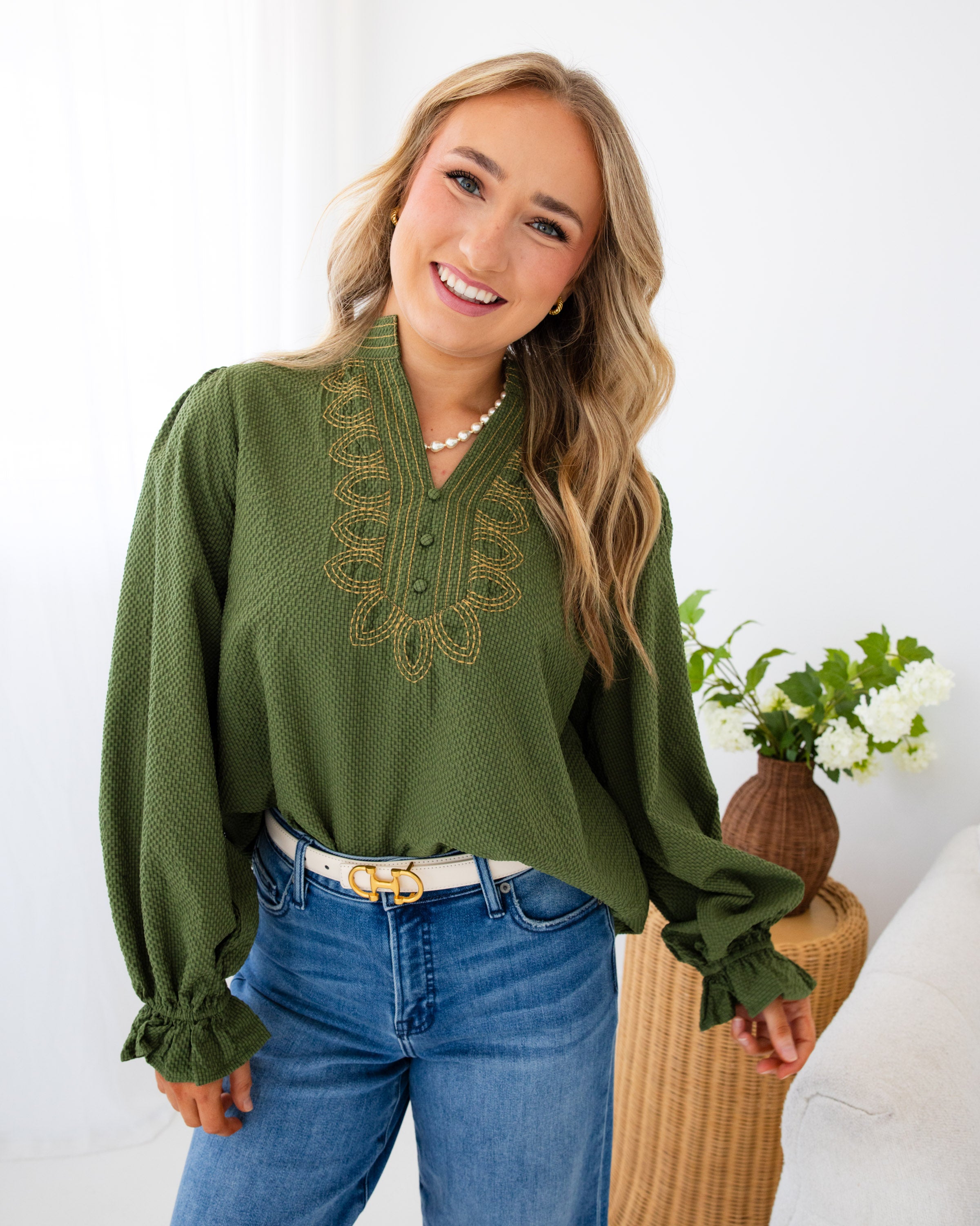 Embroidered Textured Top in Olive