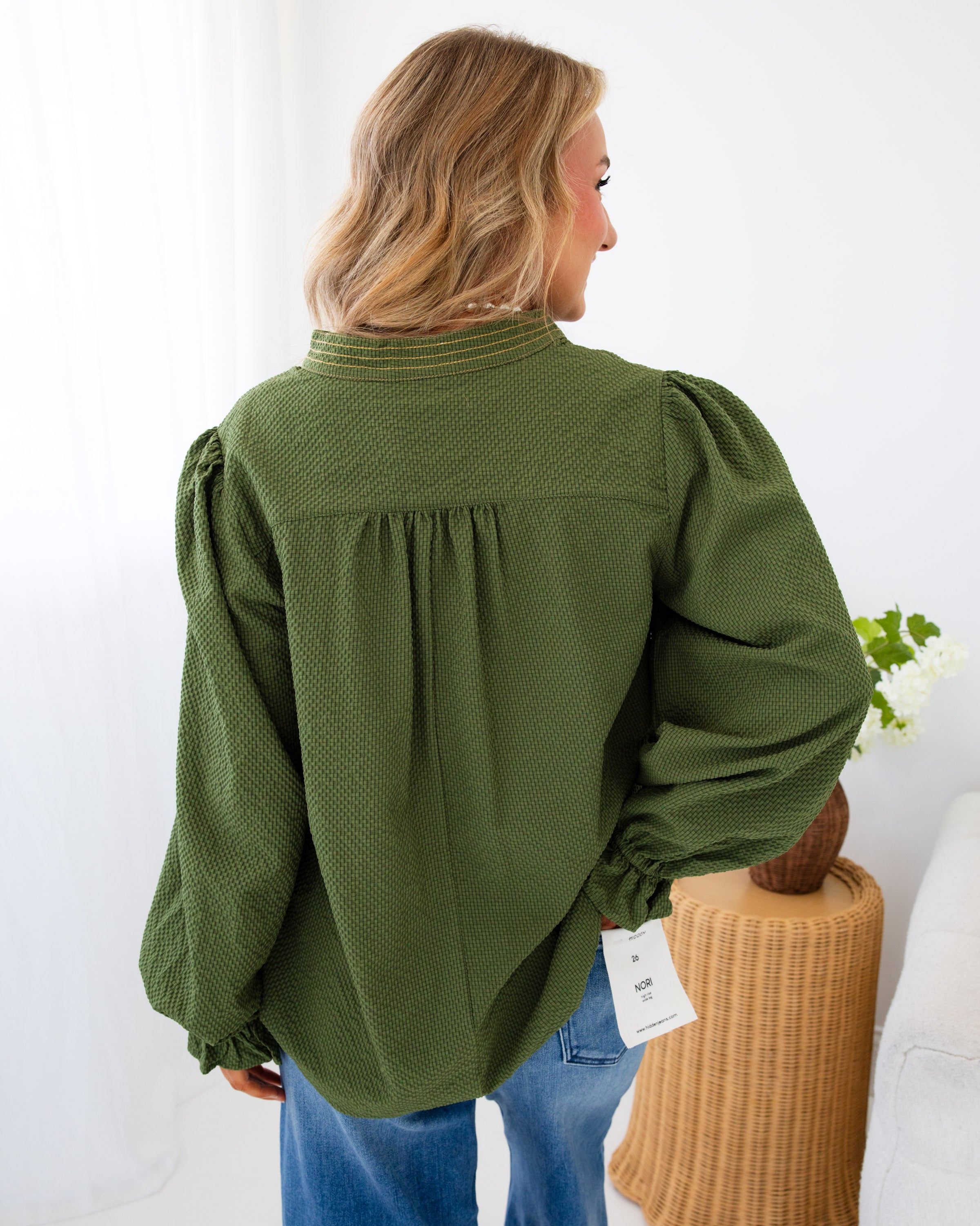 Embroidered Textured Top in Olive