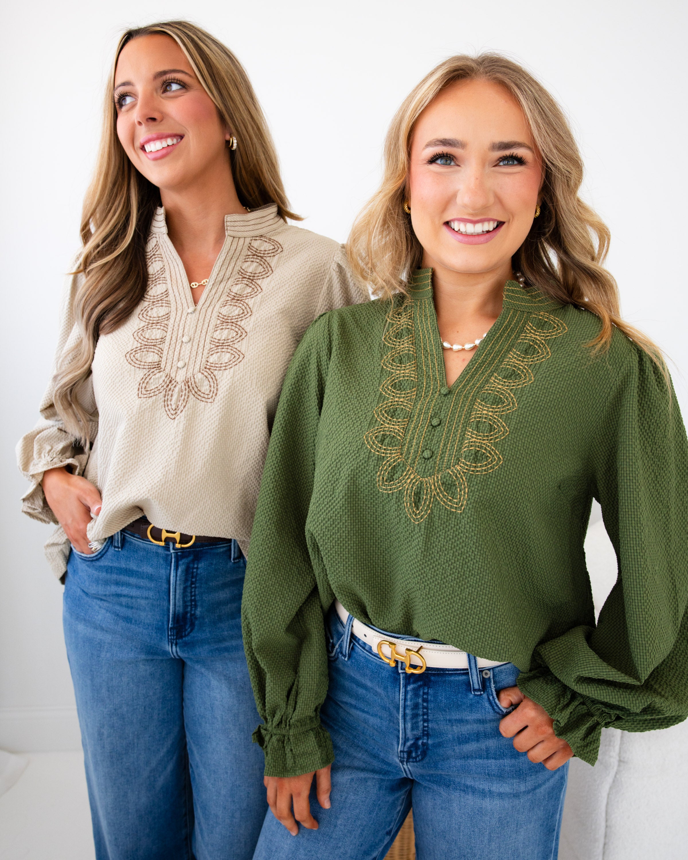Embroidered Textured Top in Olive