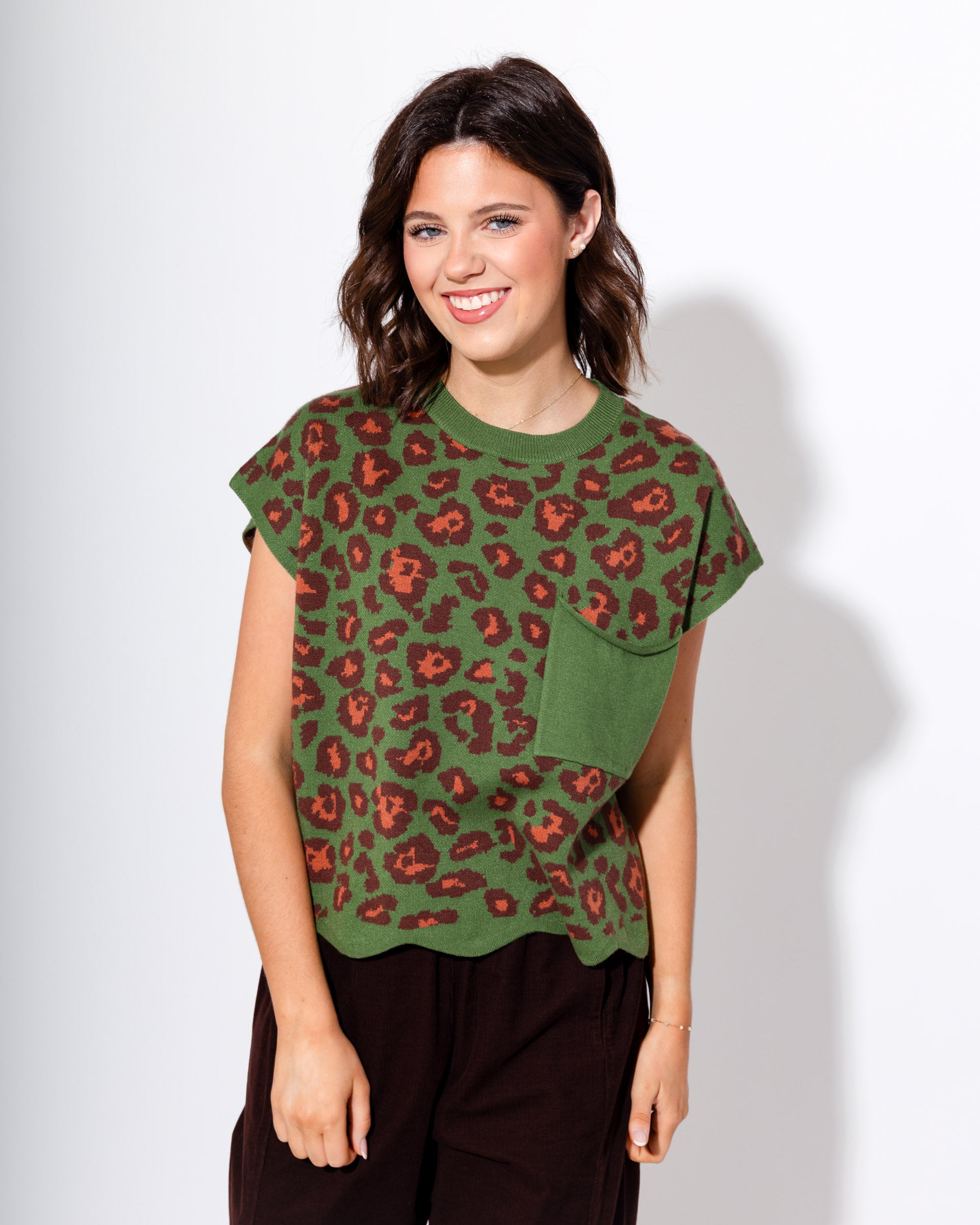 Scallop Edge Animal Print Top in Olive