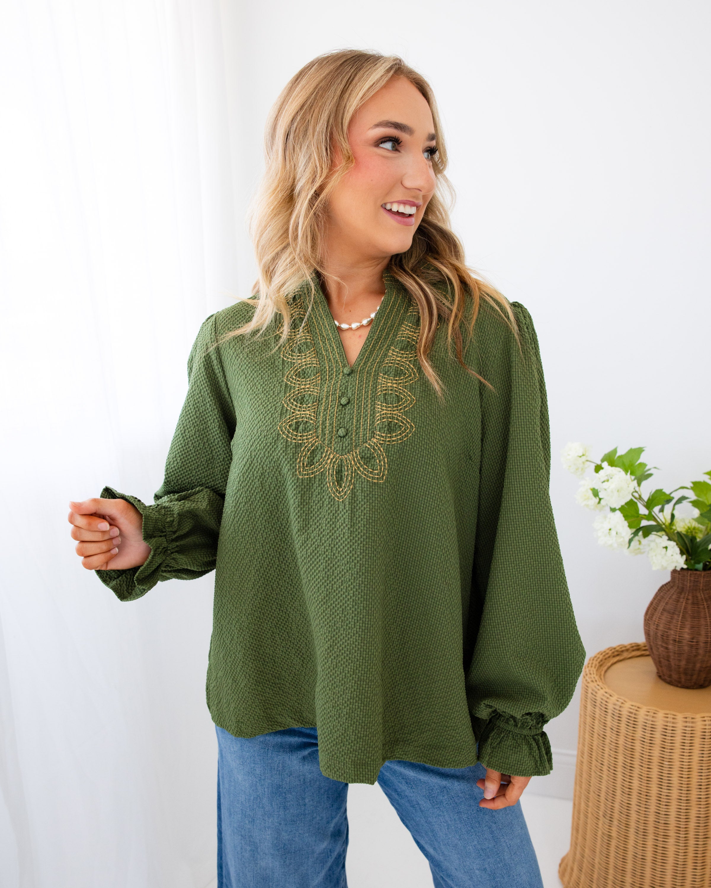 Embroidered Textured Top in Olive