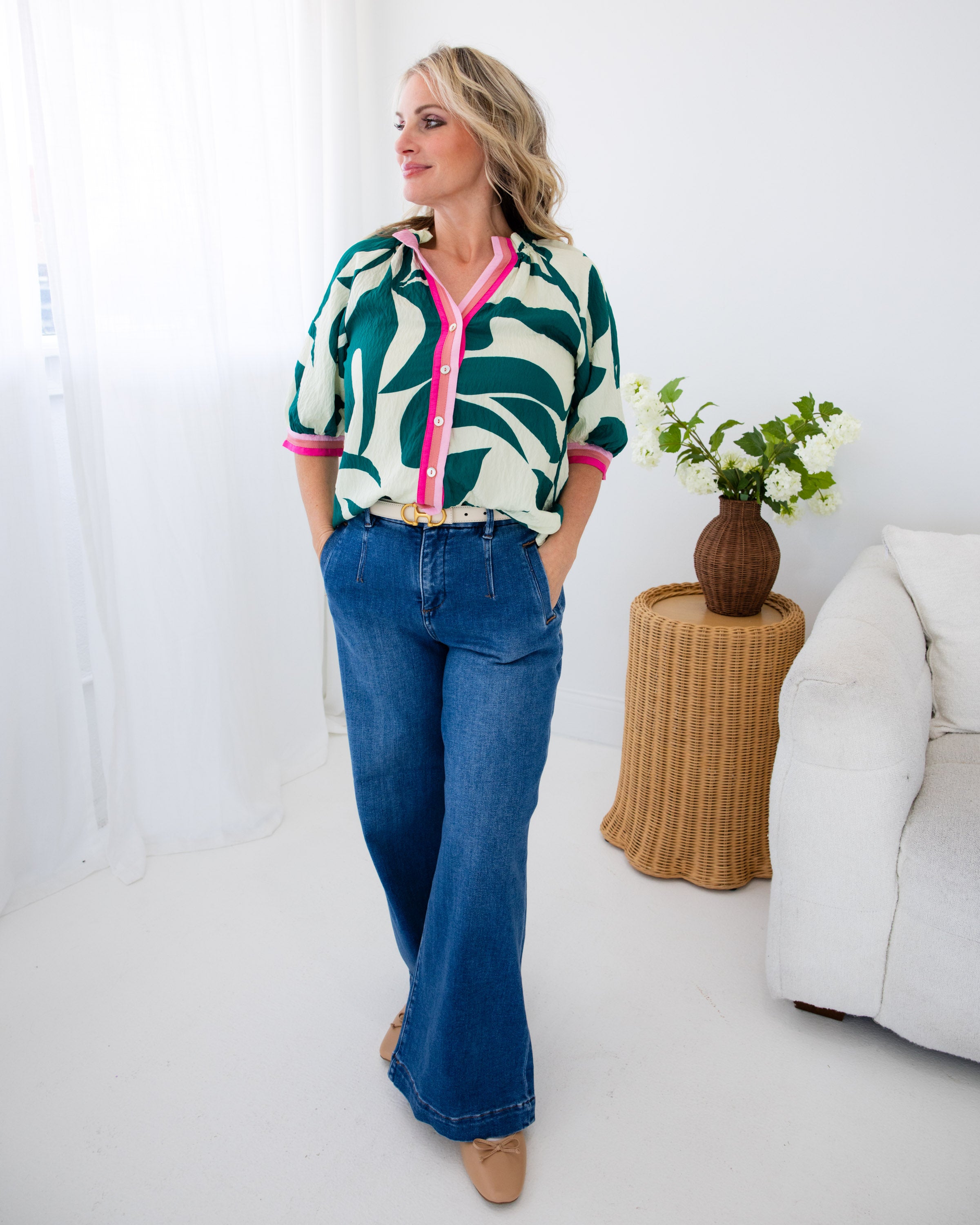 Silky Geometric Contrast Trim Top