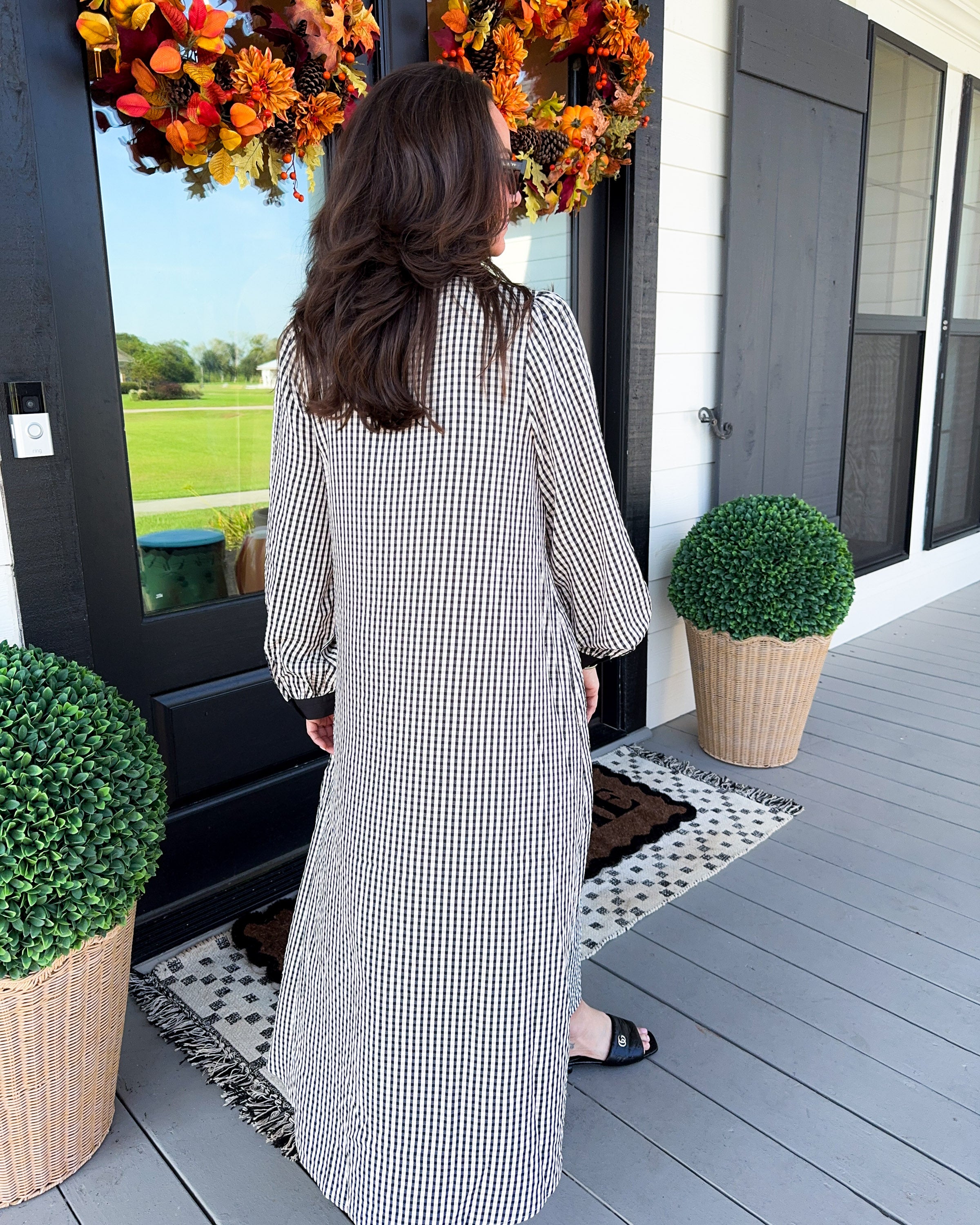 Gingham Button Down Midi Dress in Black