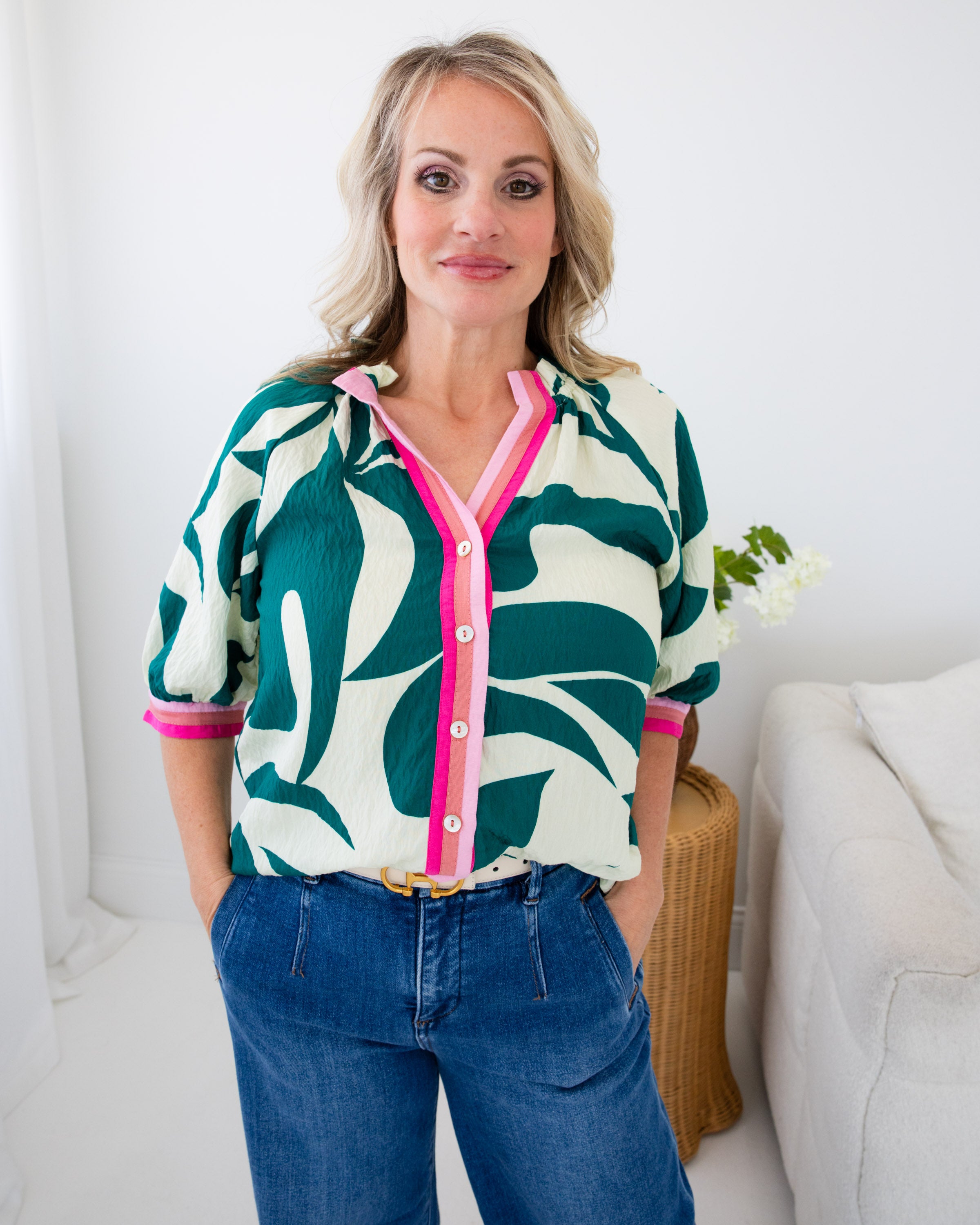 Silky Geometric Contrast Trim Top
