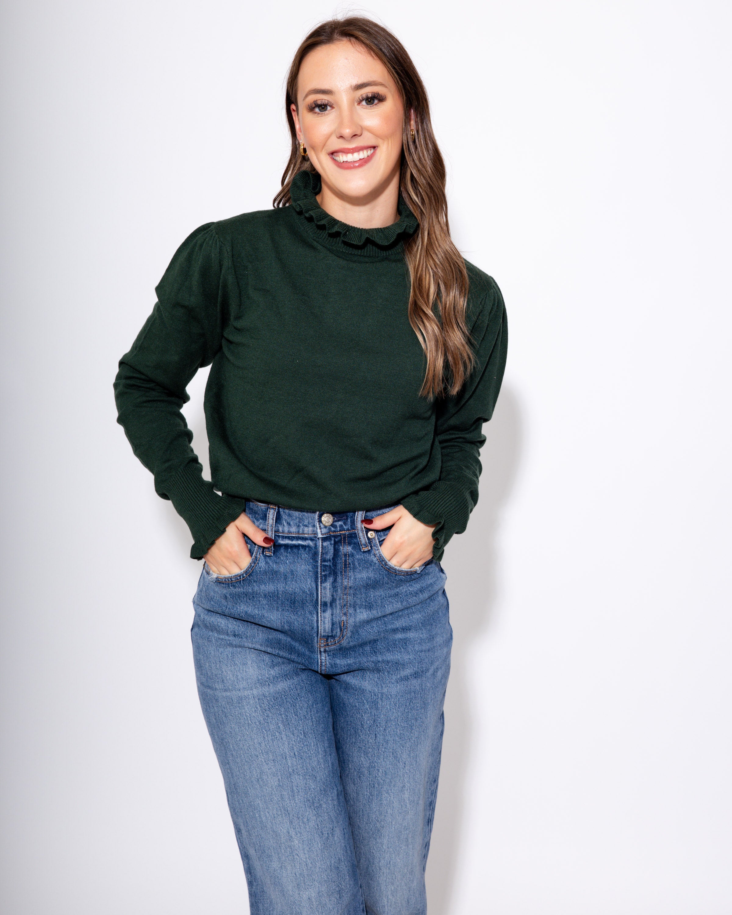 Ruffle Trim Mock Neck Sweater in Green