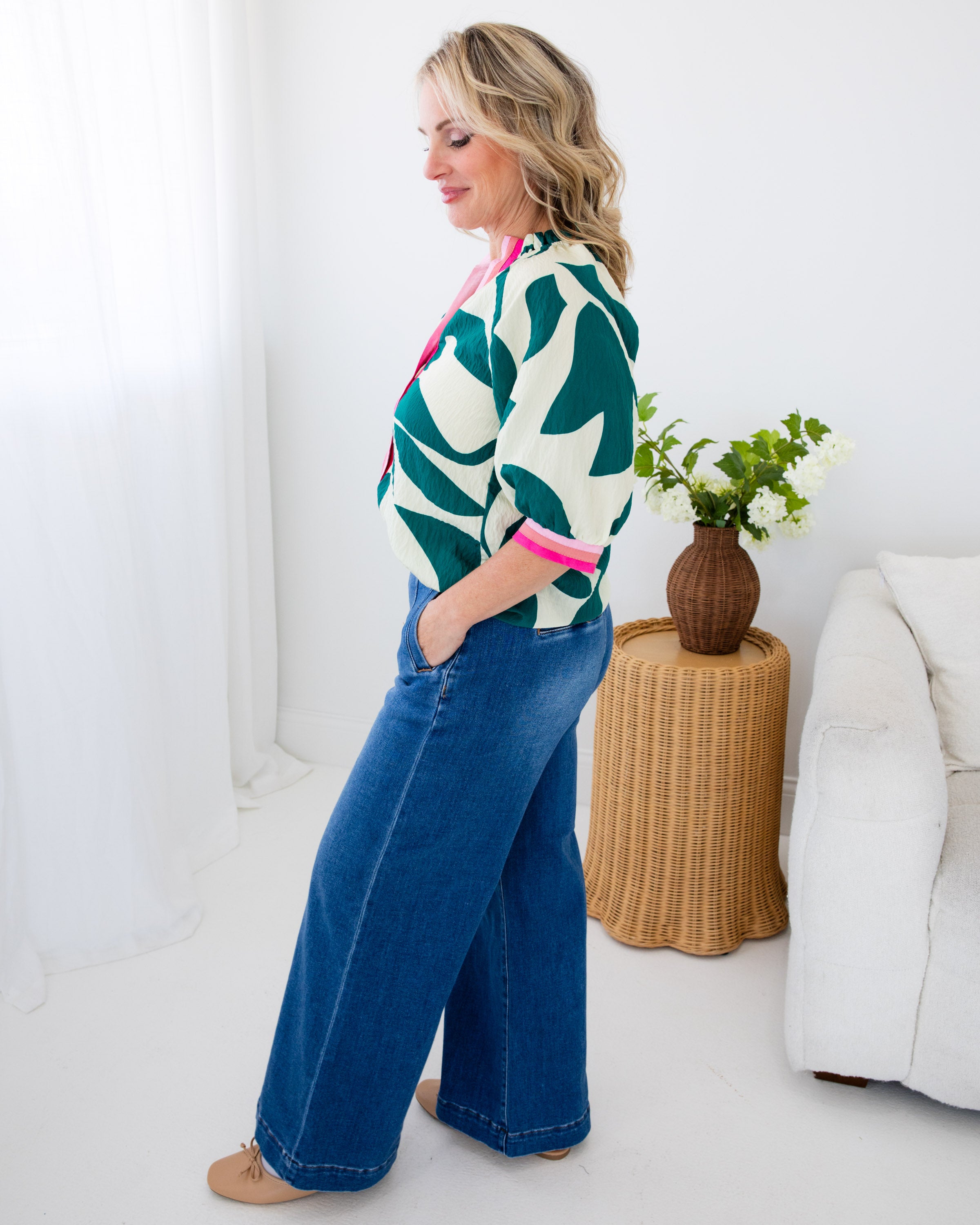 Silky Geometric Contrast Trim Top
