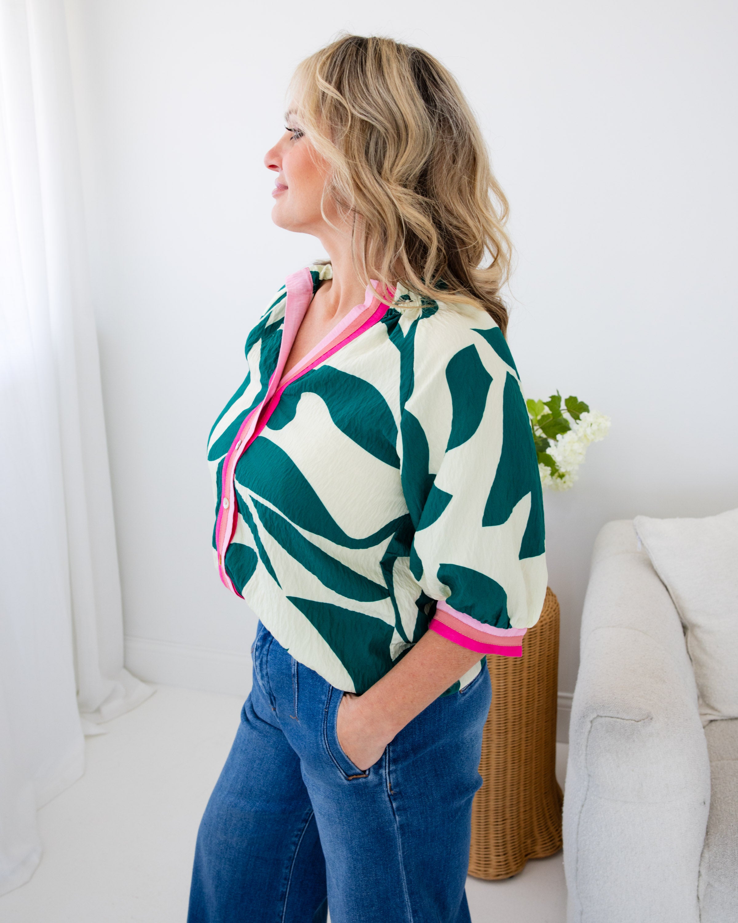 Silky Geometric Contrast Trim Top