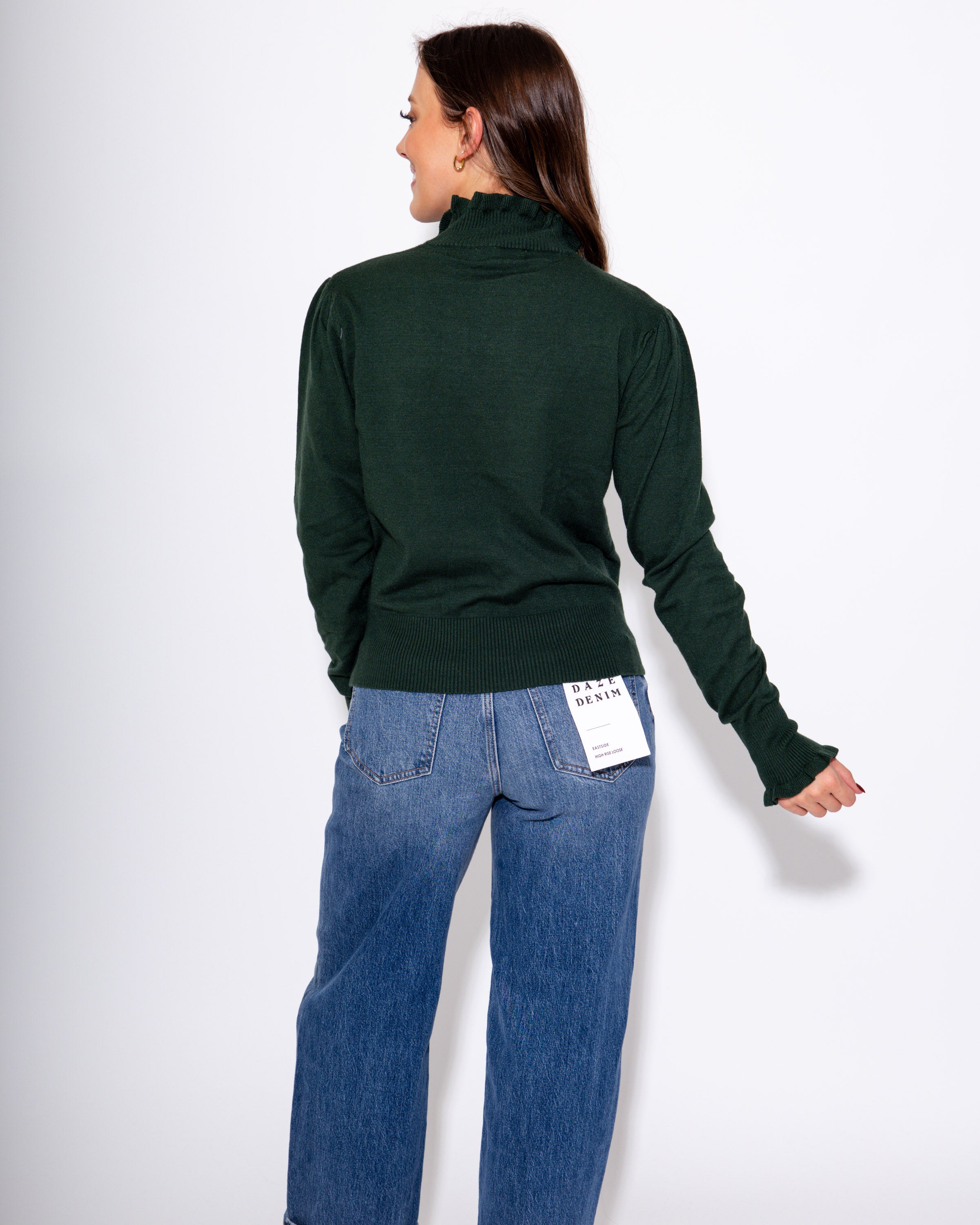 Ruffle Trim Mock Neck Sweater in Green