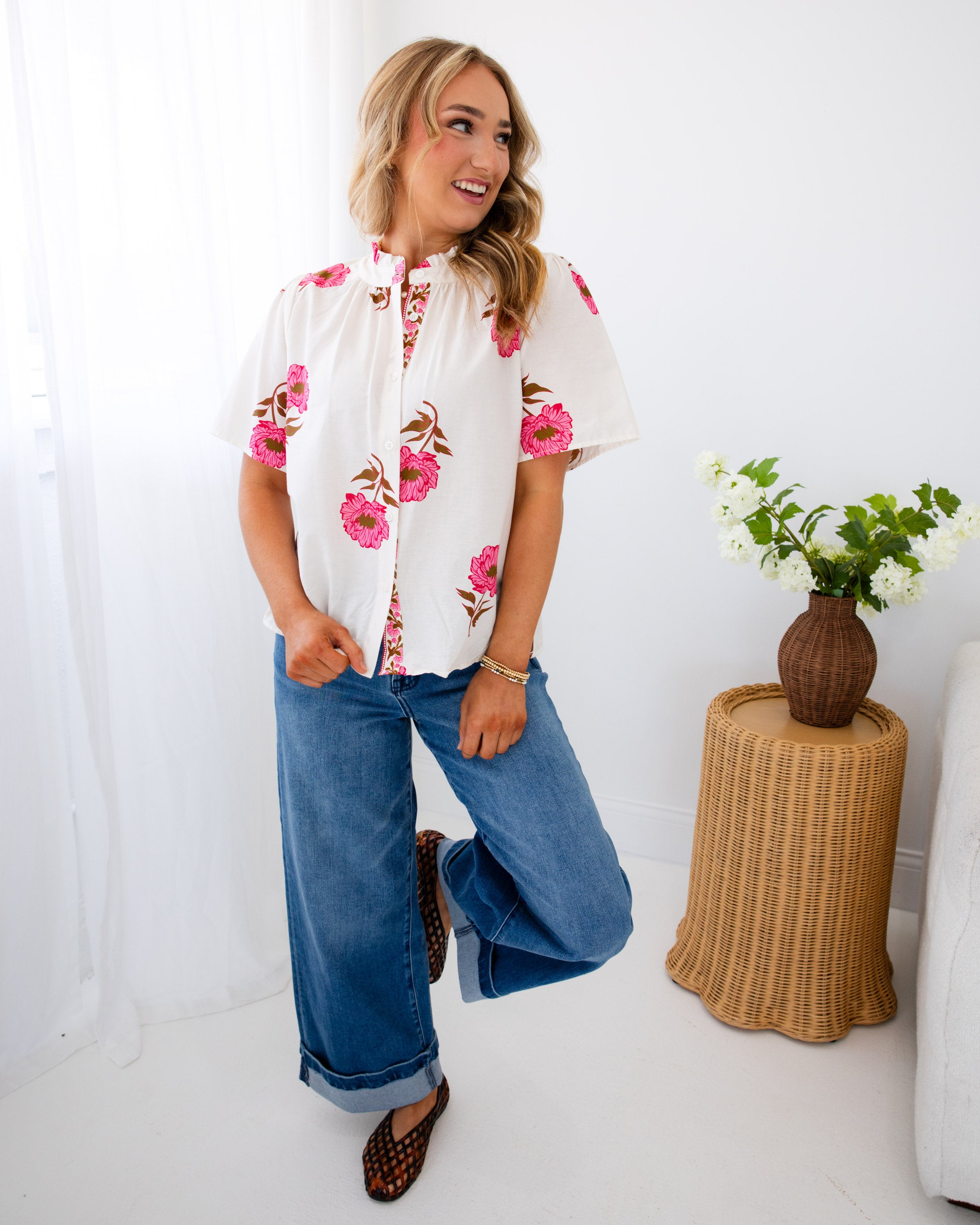 Pink Floral Button Up Top