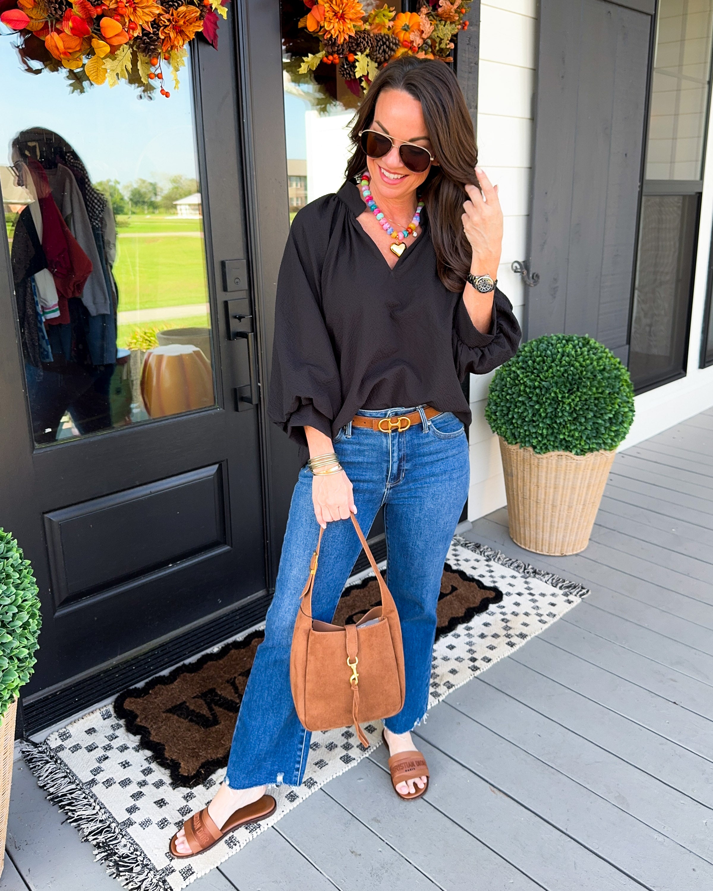 Textured Balloon Sleeve Top in Black
