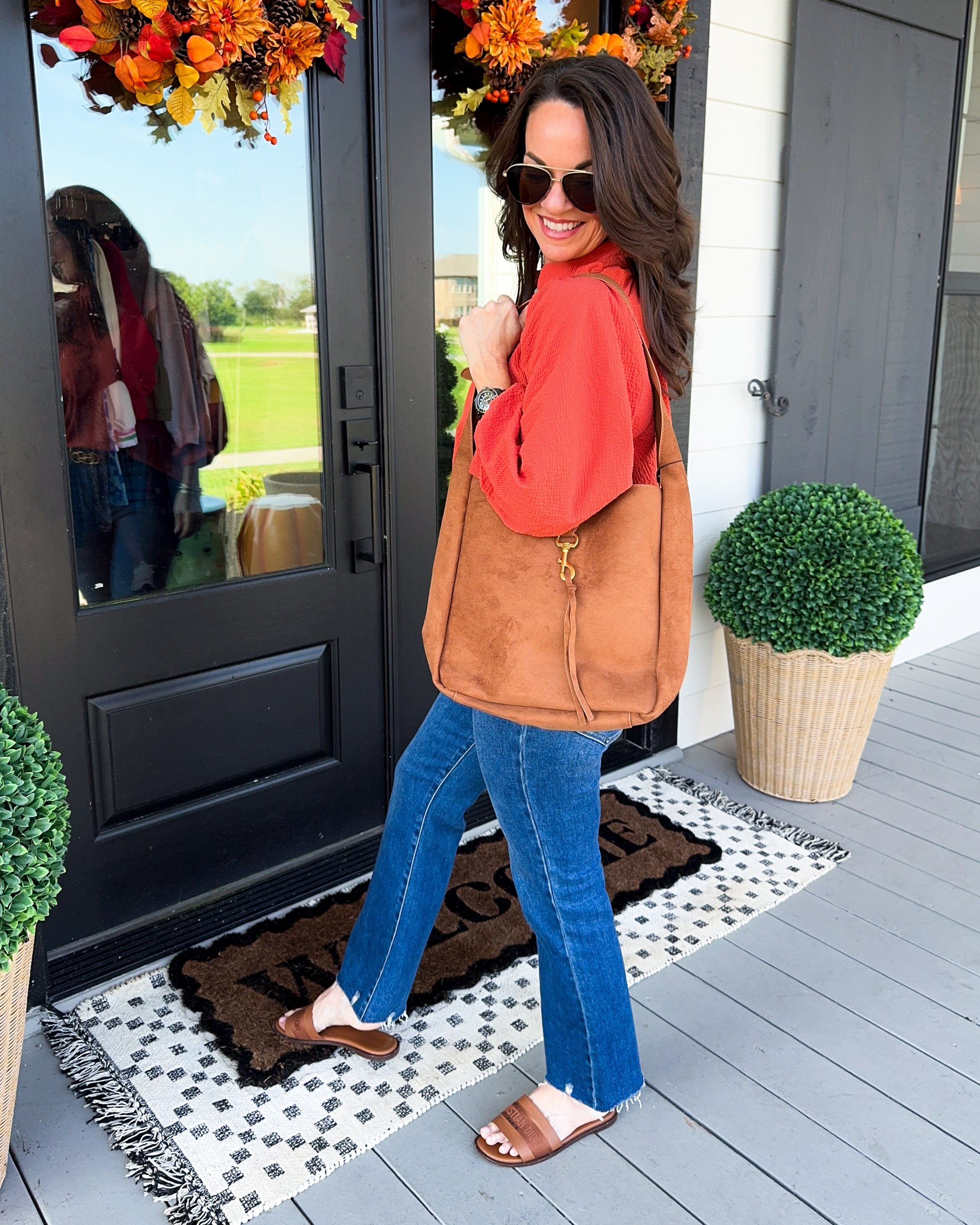 Textured Balloon Sleeve Top in Rust