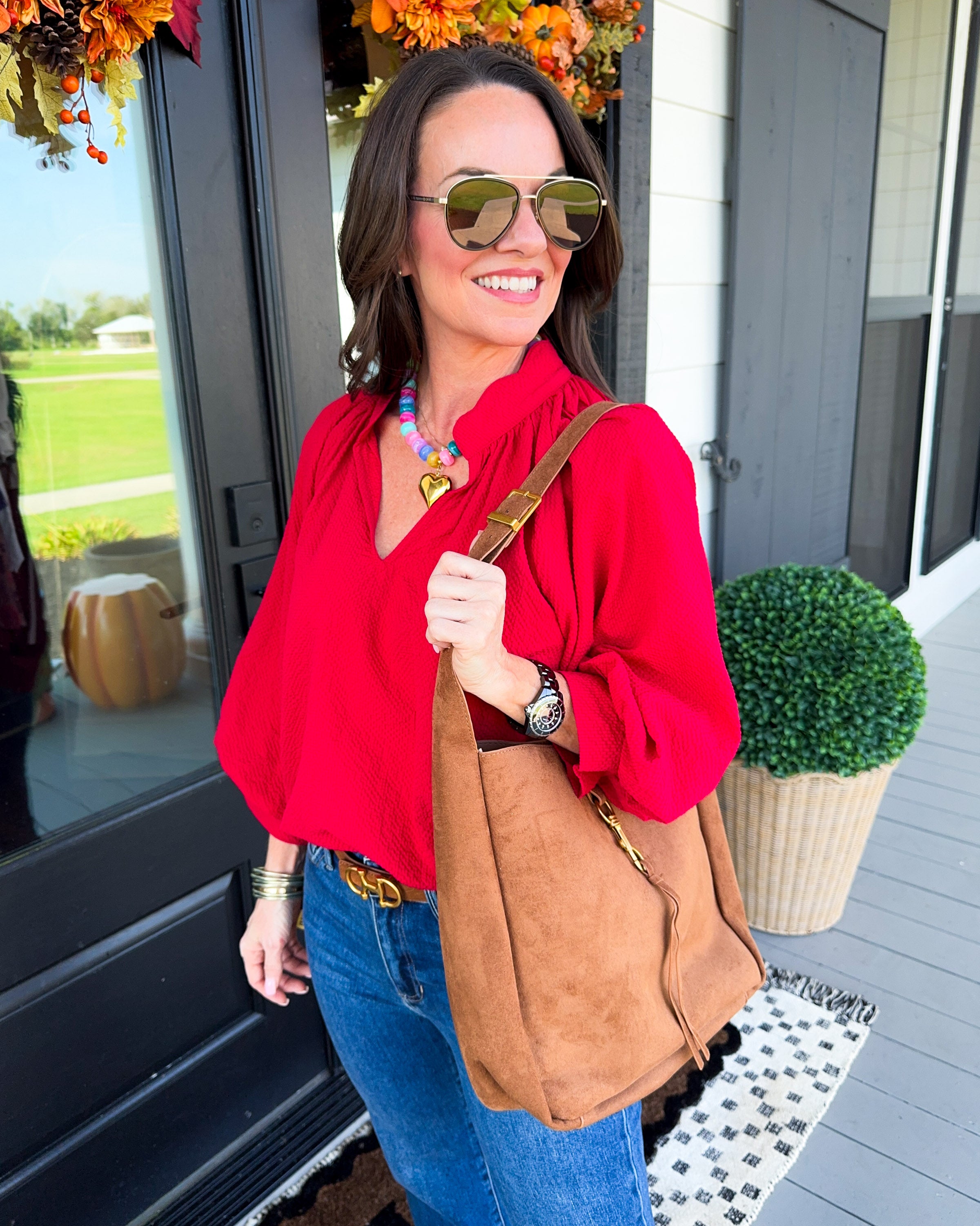 Textured Balloon Sleeve Top in Red