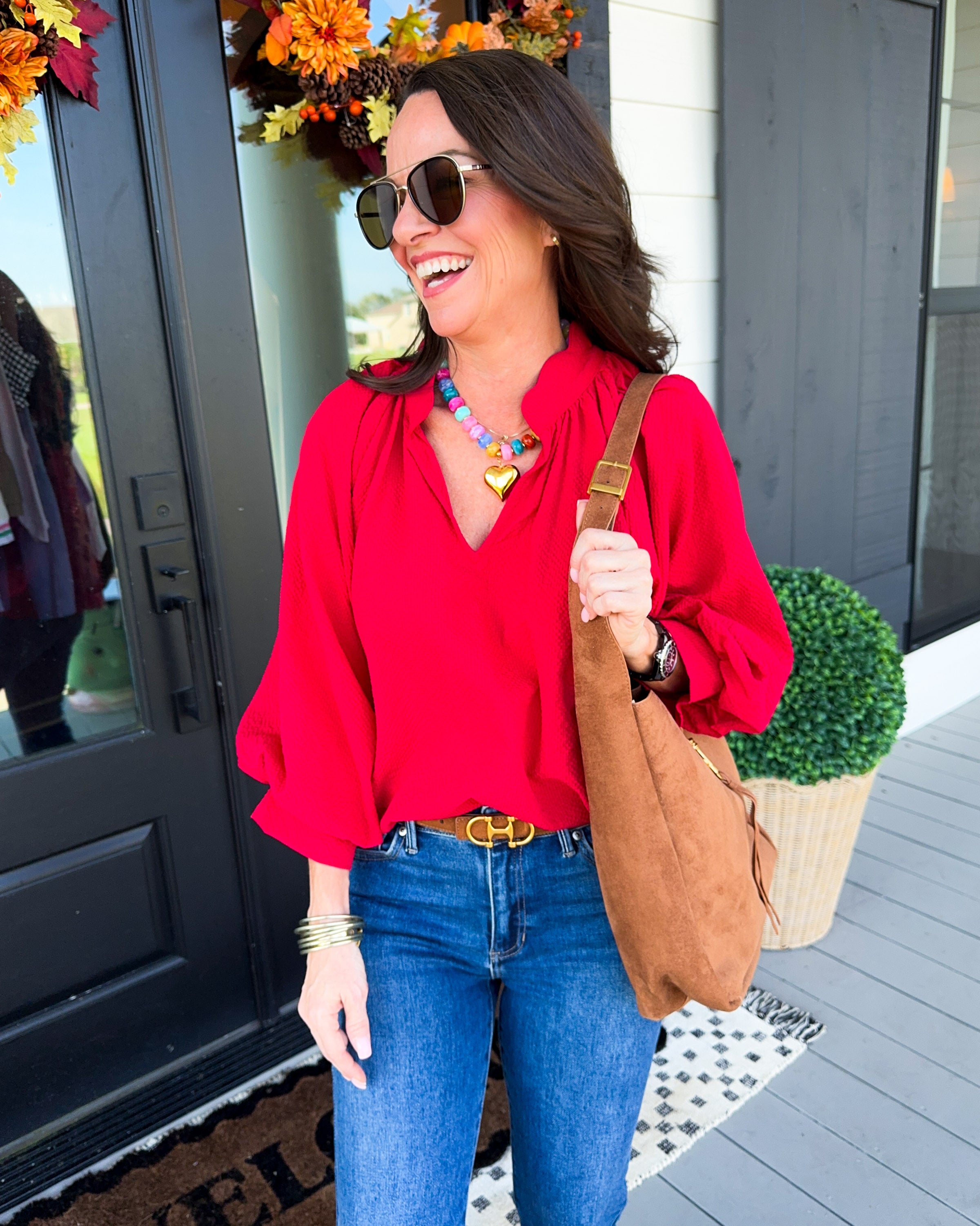 Textured Balloon Sleeve Top in Red
