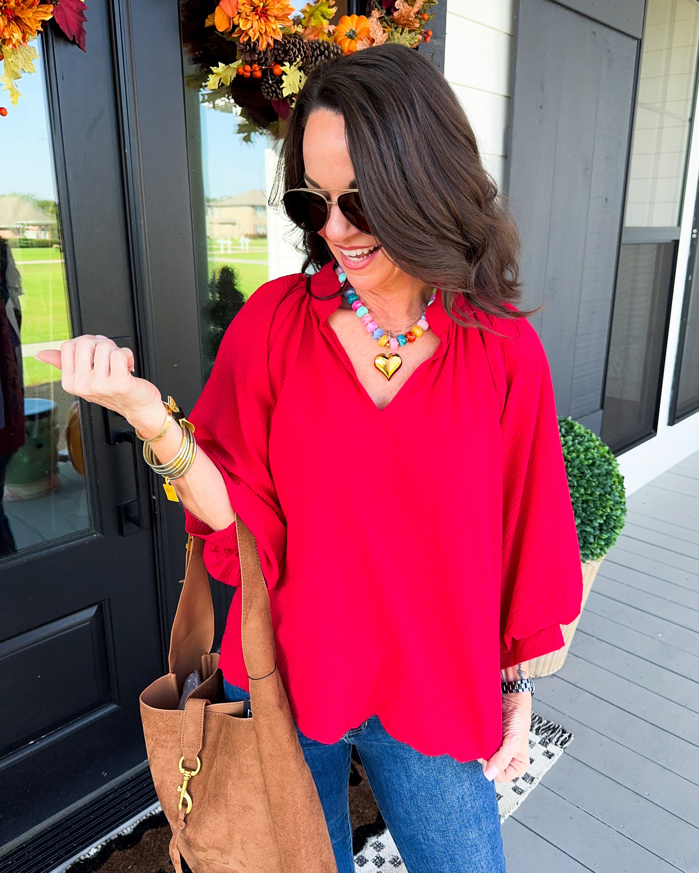 Textured Balloon Sleeve Top in Red