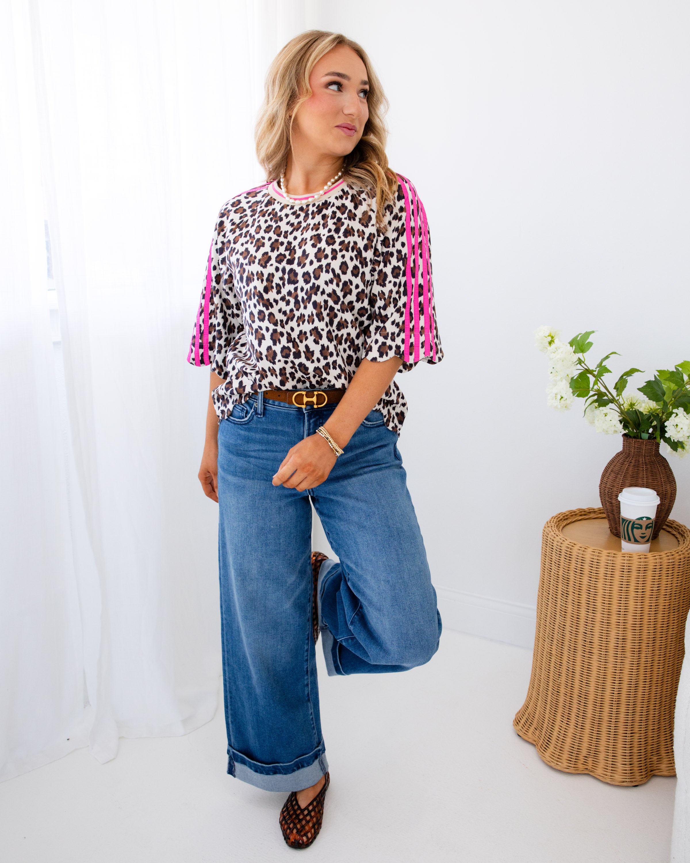 Scallop Leopard Top in Hot Pink/Cream
