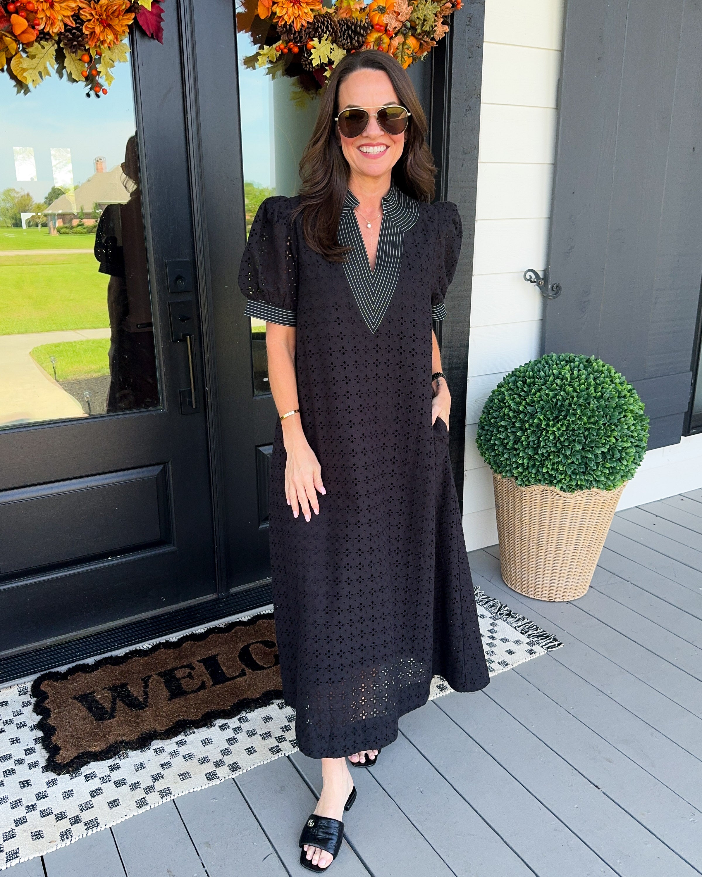 Eyelet Puff Sleeve Midi Dress