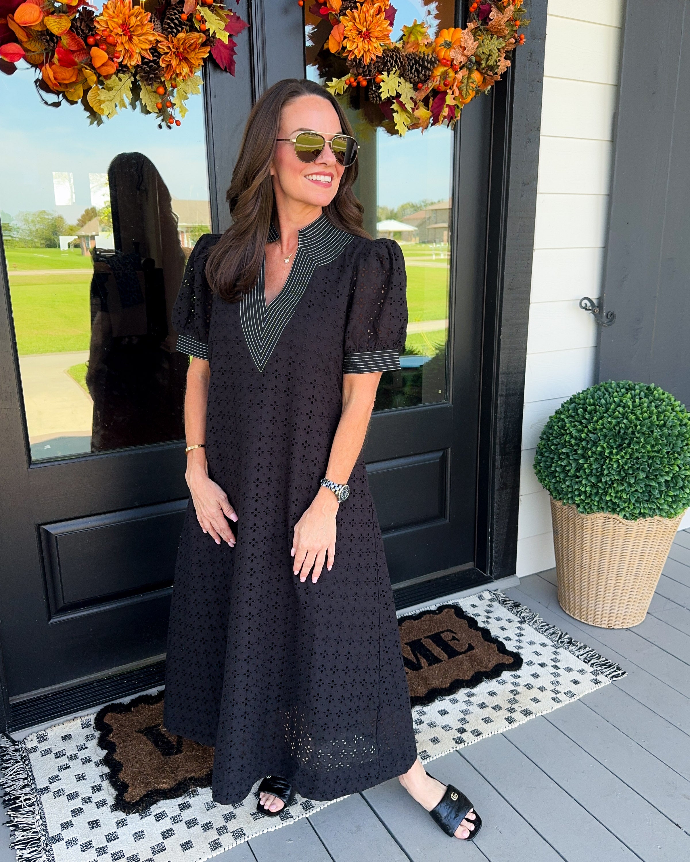 Eyelet Puff Sleeve Midi Dress