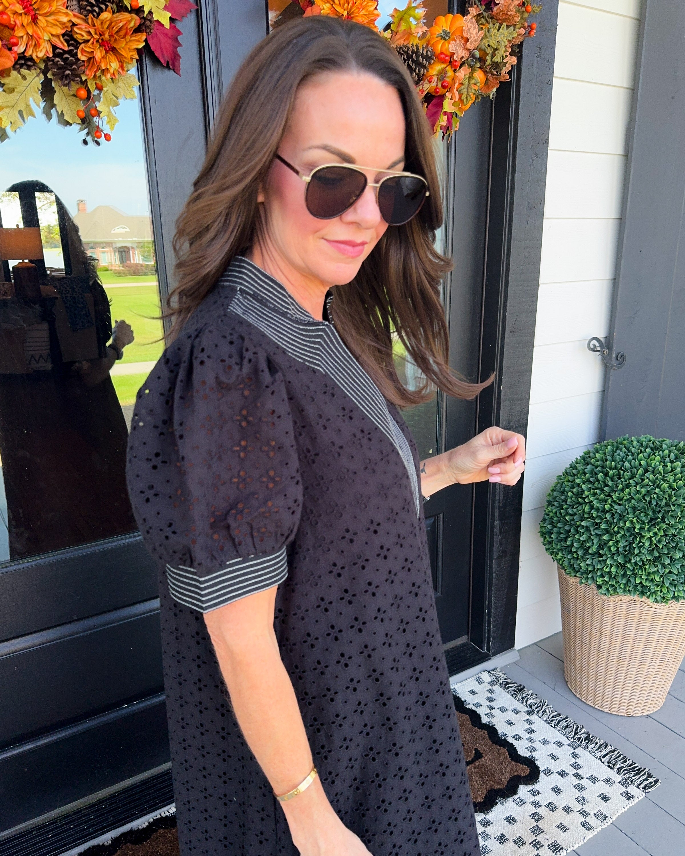 Eyelet Puff Sleeve Midi Dress