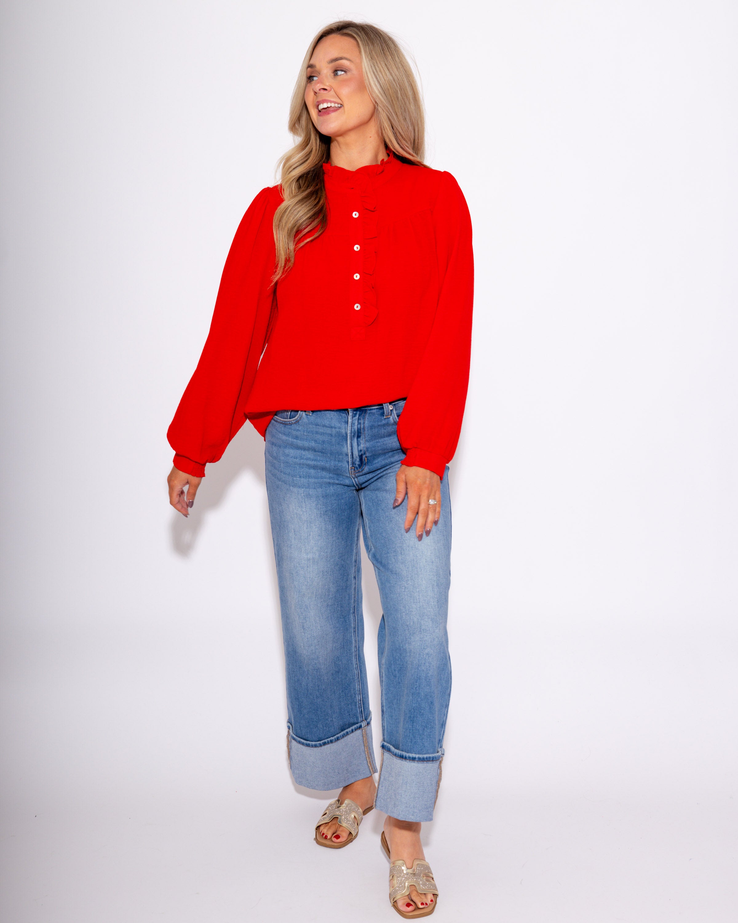 The Refined Ruffle Top in Red