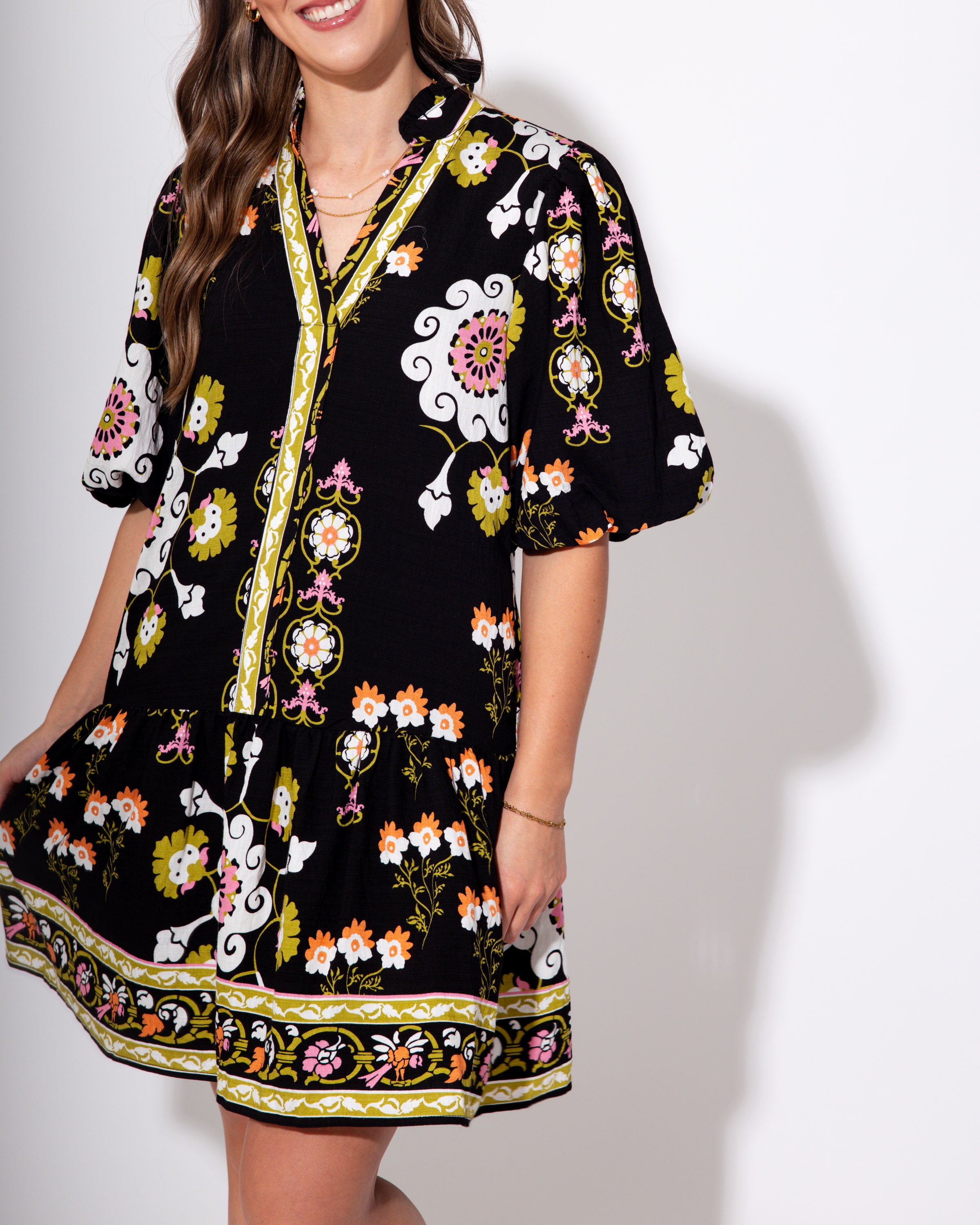 Midnight Blossom Puff Sleeve Dress