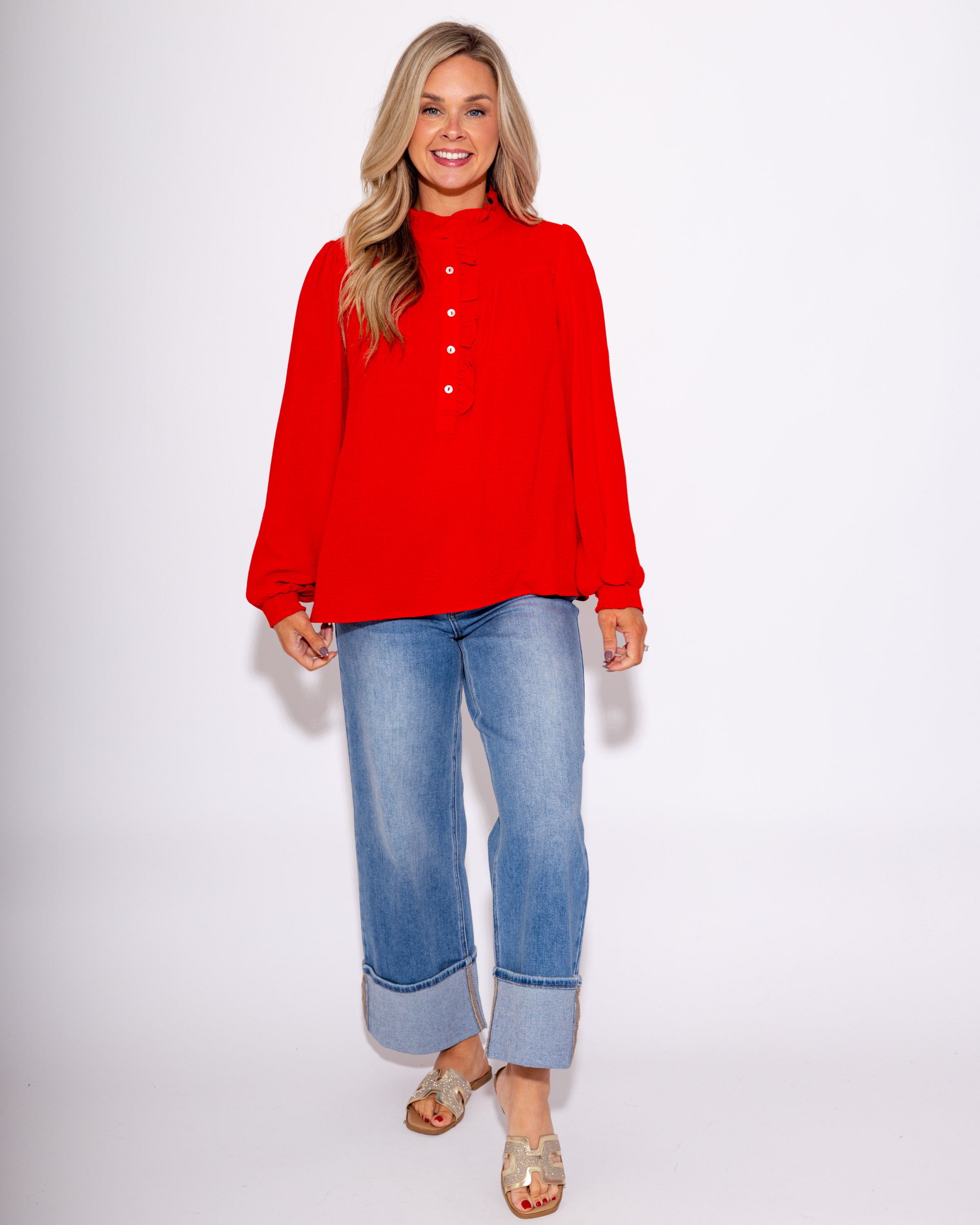 The Refined Ruffle Top in Red