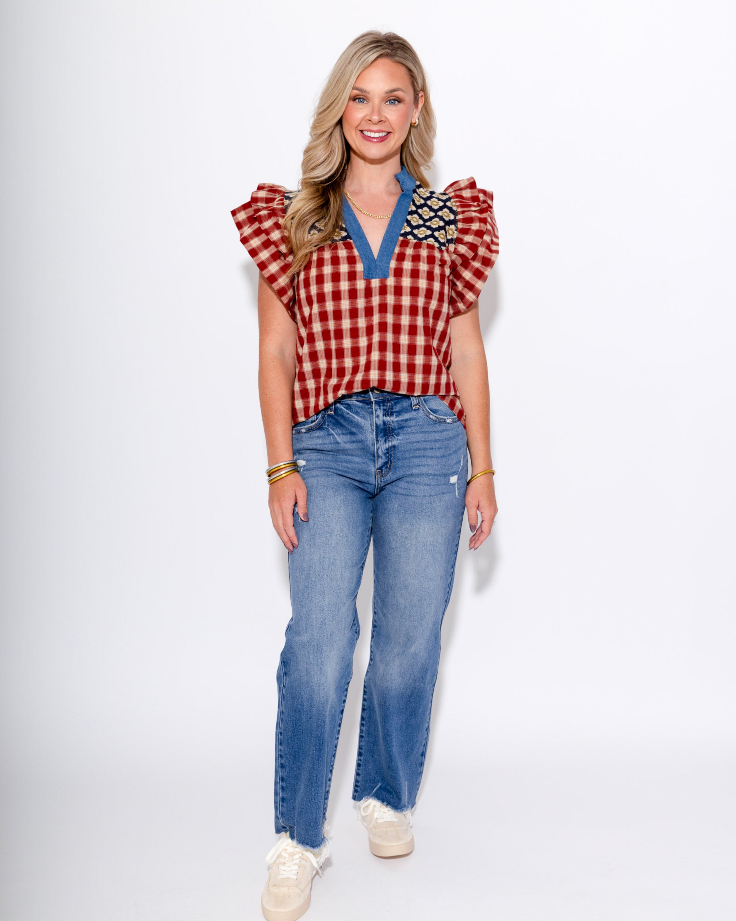 Mixed Print Flutter Sleeve Top