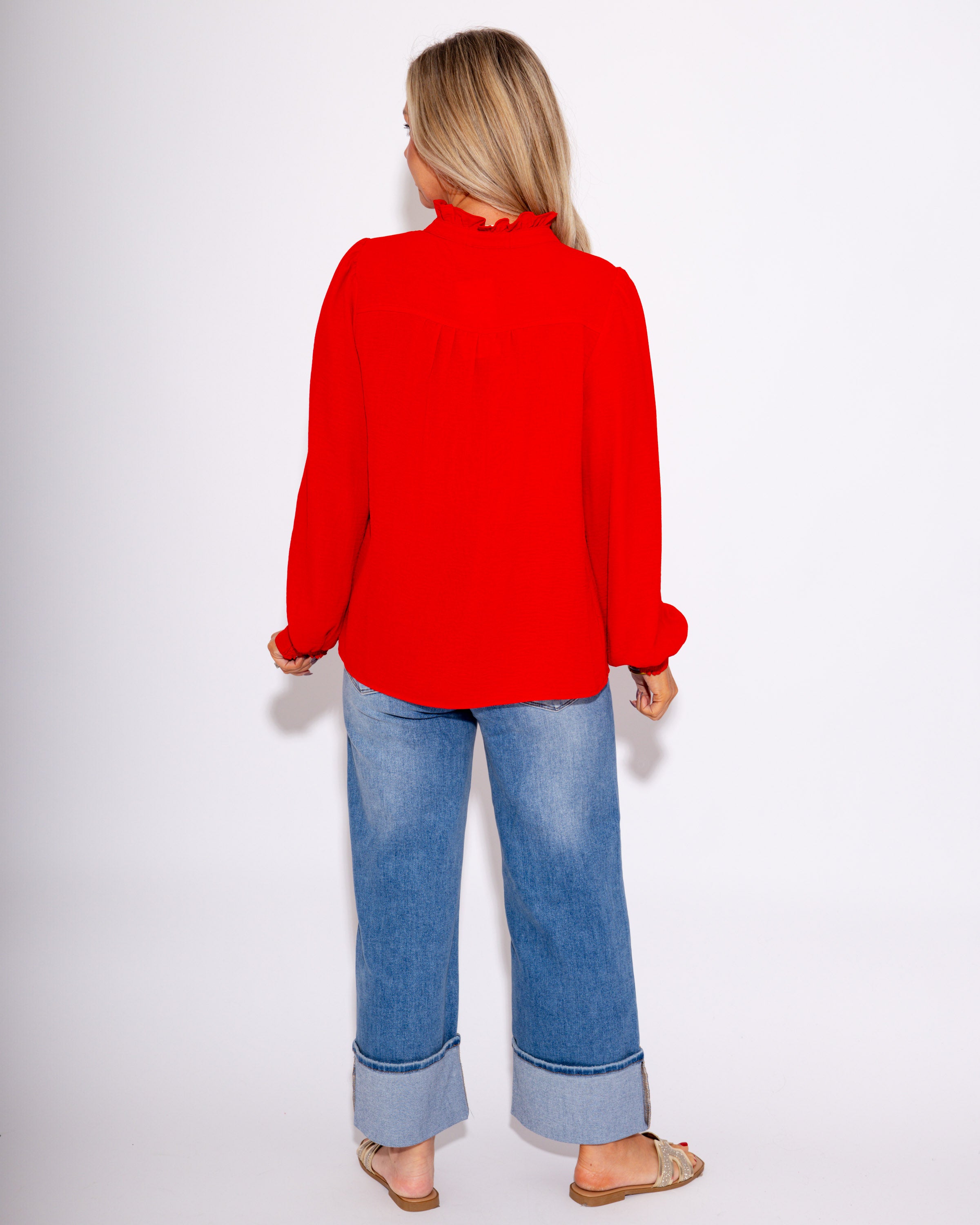 The Refined Ruffle Top in Red